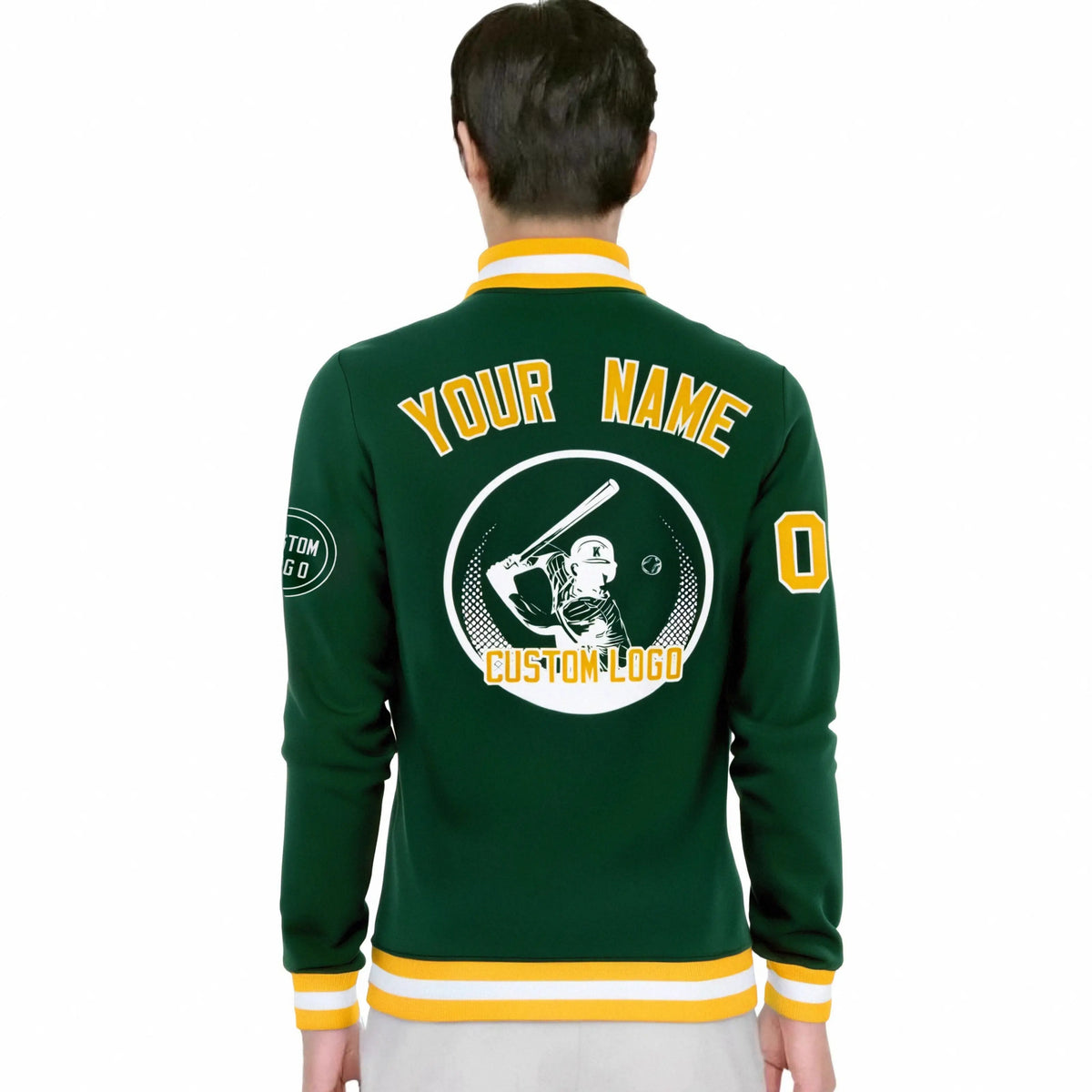 Custom Green Gold-1 White Bomber Full-Snap Varsity Letterman Jacket