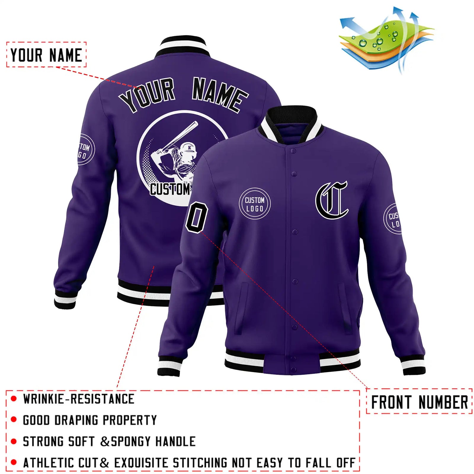 Custom Purple Black-White Bomber Full-Snap Varsity Letterman Jacket