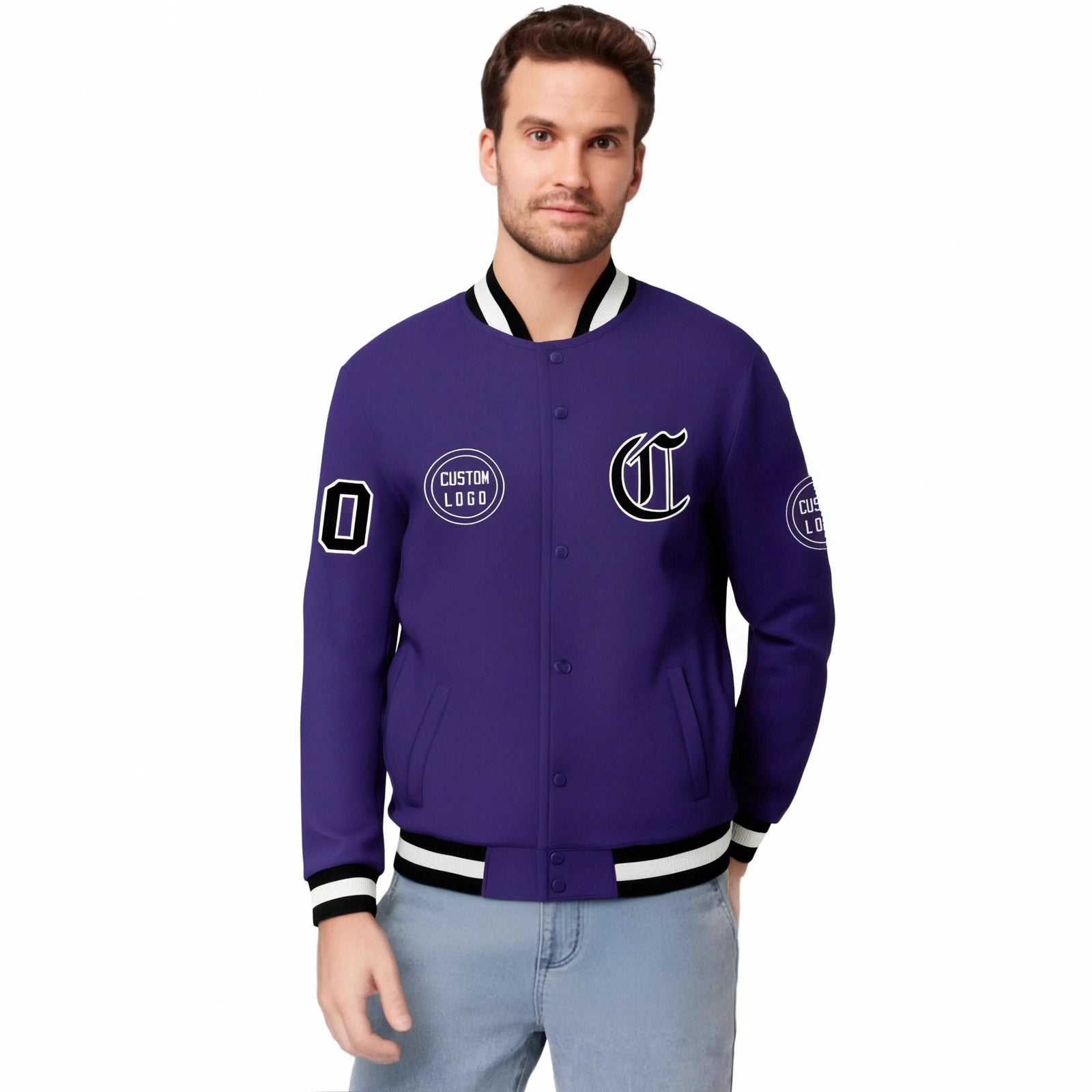 Custom Purple Black-White Bomber Full-Snap Varsity Letterman Jacket