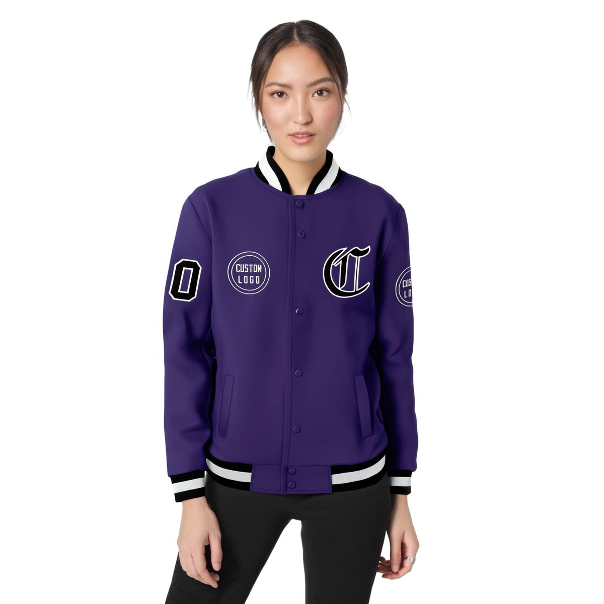 Custom Purple Black-White Bomber Full-Snap Varsity Letterman Jacket