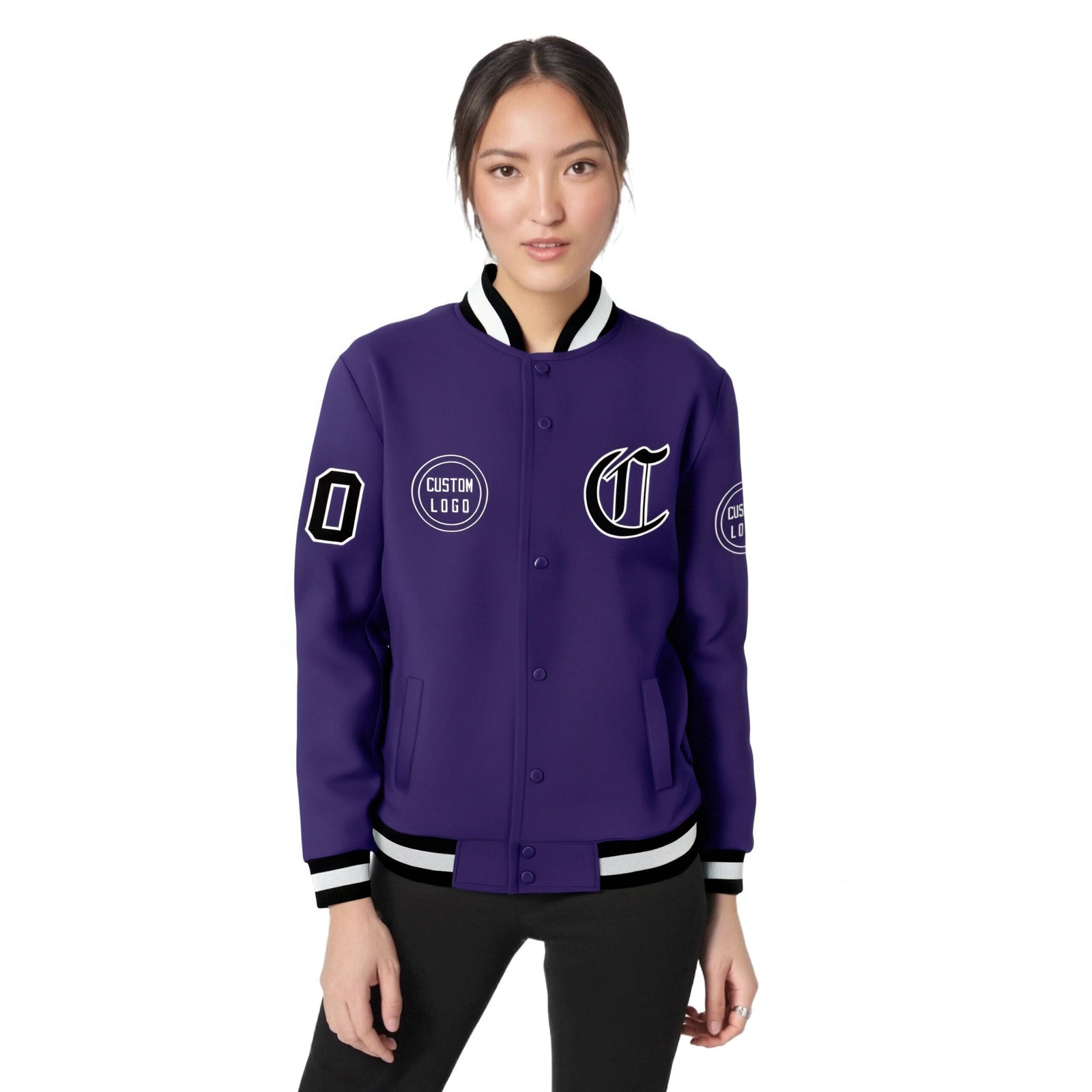 Custom Purple Black-White Bomber Full-Snap Varsity Letterman Jacket