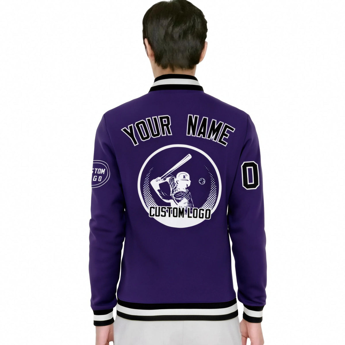 Custom Purple Black-White Bomber Full-Snap Varsity Letterman Jacket