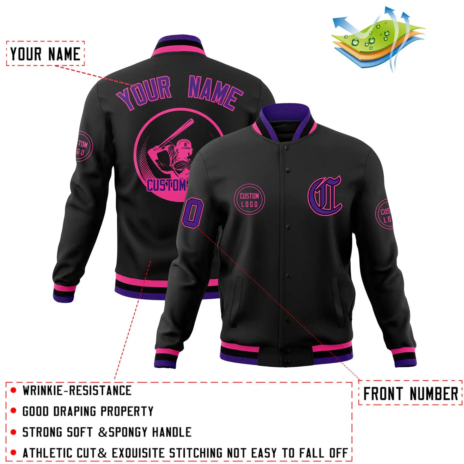 Custom Black Purple-Pink Bomber Full-Snap Varsity Letterman Jacket