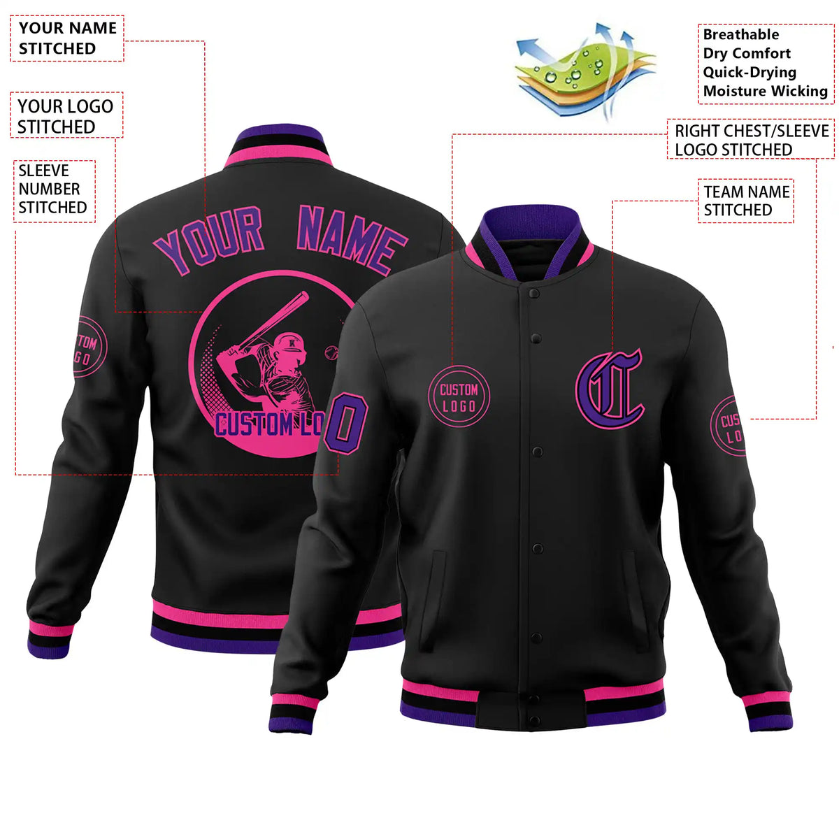 Custom Black Purple-Pink Bomber Full-Snap Varsity Letterman Jacket