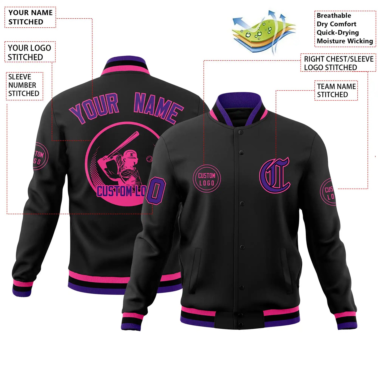 Custom Black Purple-Pink Bomber Full-Snap Varsity Letterman Jacket