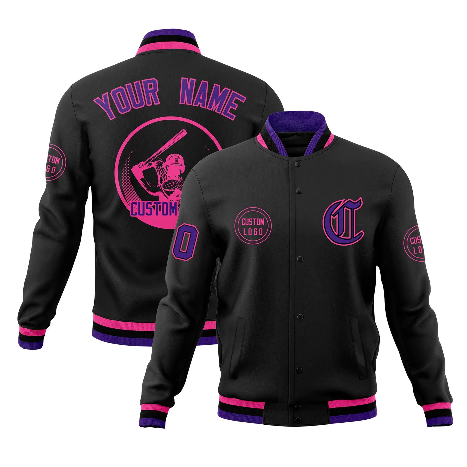 Custom Black Purple-Pink Bomber Full-Snap Varsity Letterman Jacket
