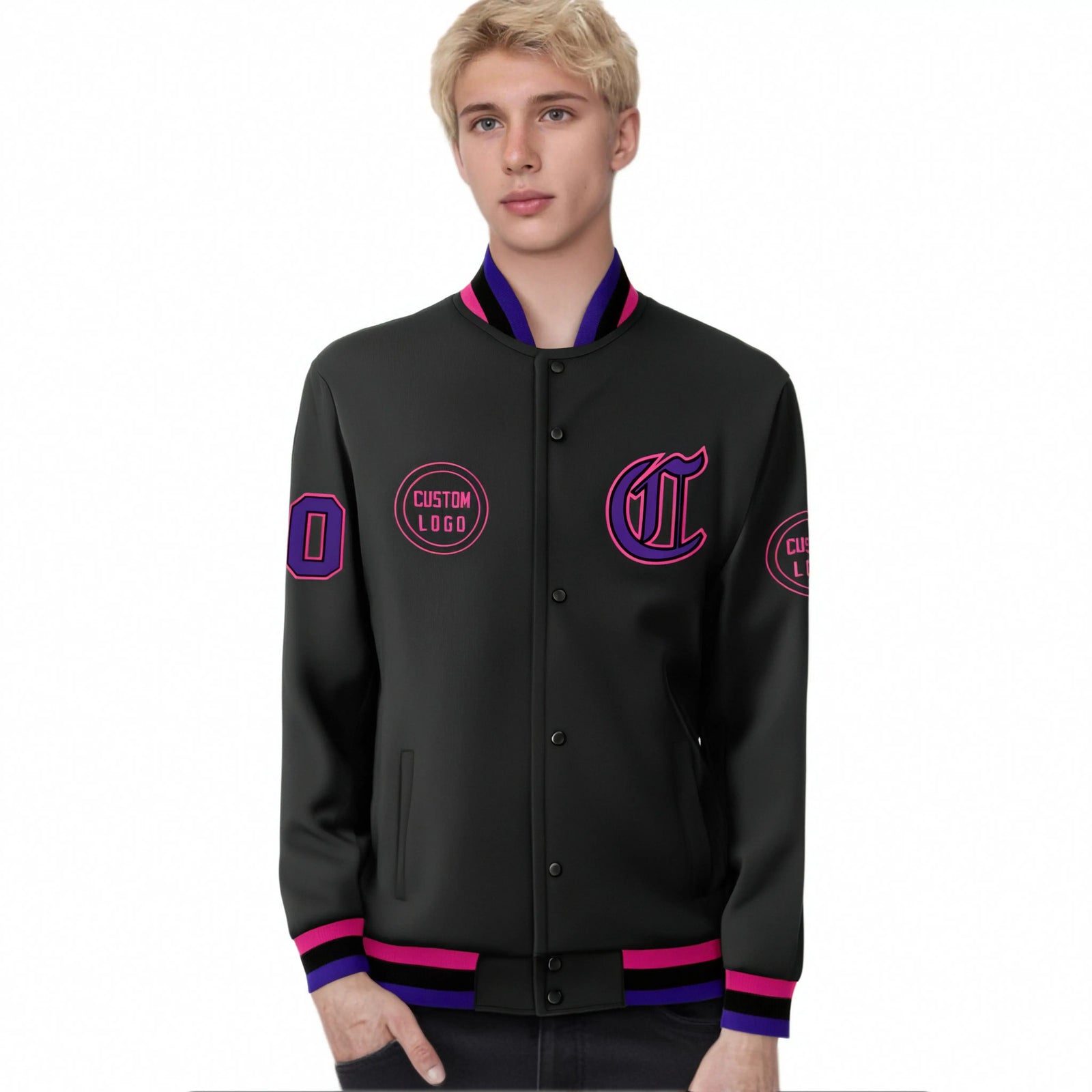Custom Black Purple-Pink Bomber Full-Snap Varsity Letterman Jacket