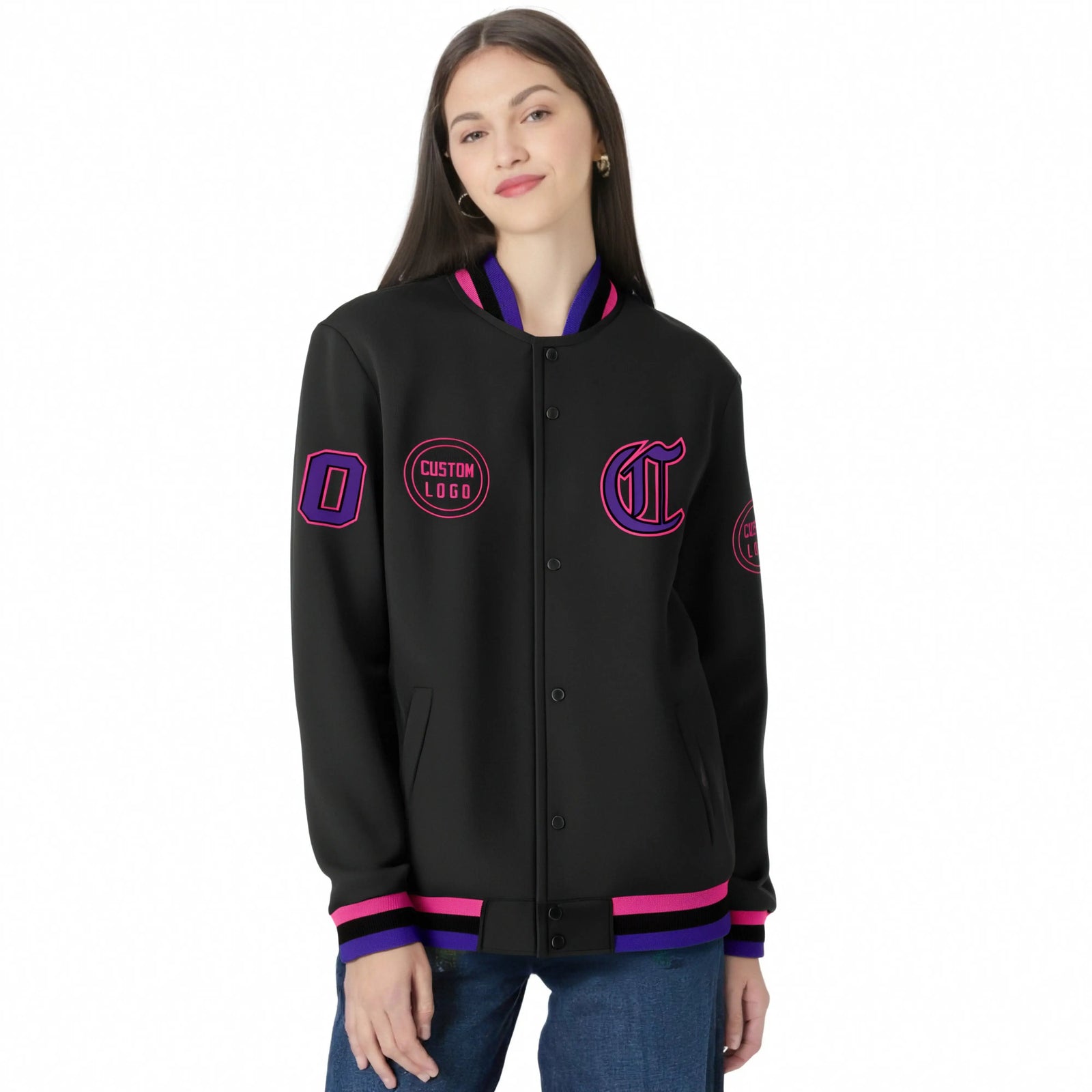 Custom Black Purple-Pink Bomber Full-Snap Varsity Letterman Jacket