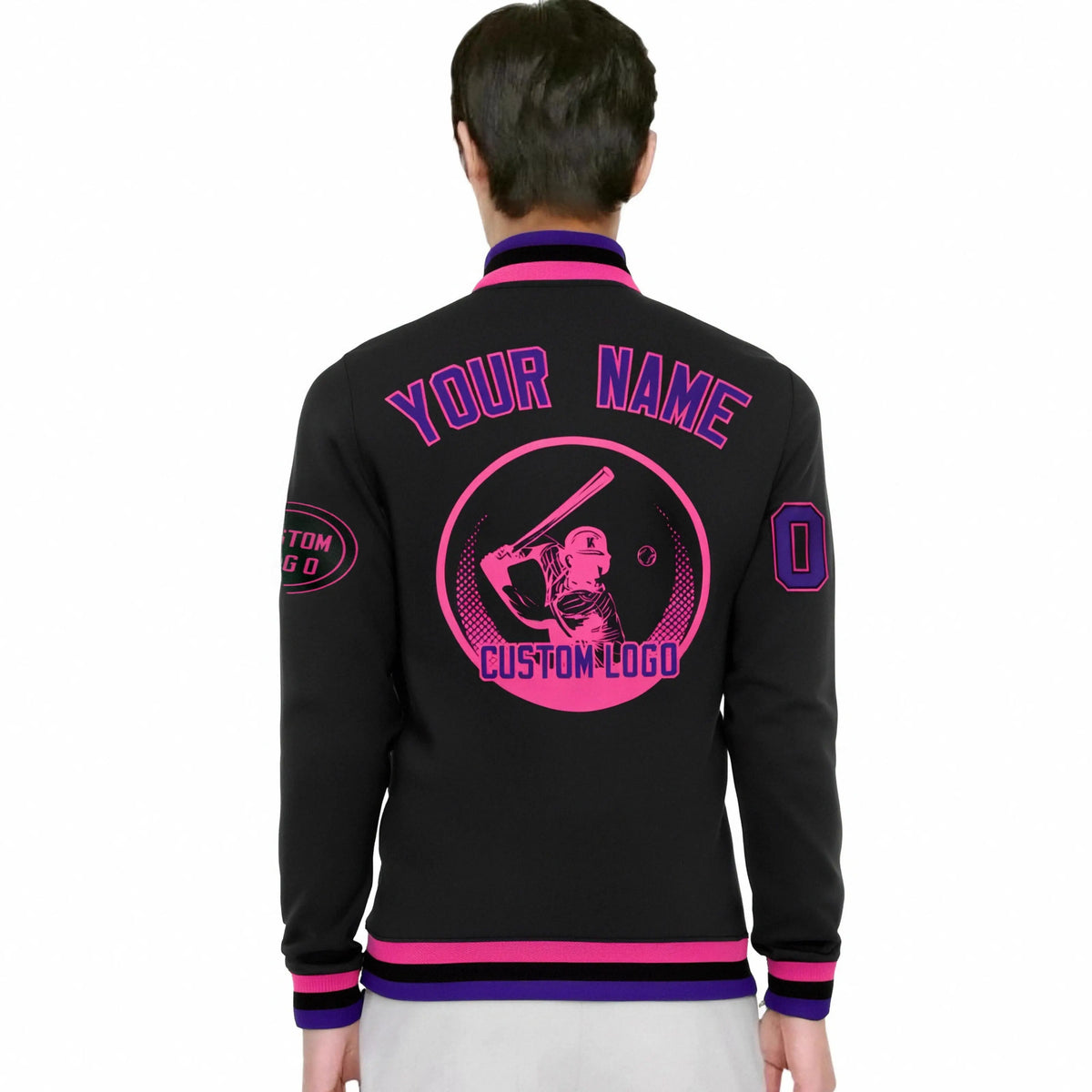 Custom Black Purple-Pink Bomber Full-Snap Varsity Letterman Jacket