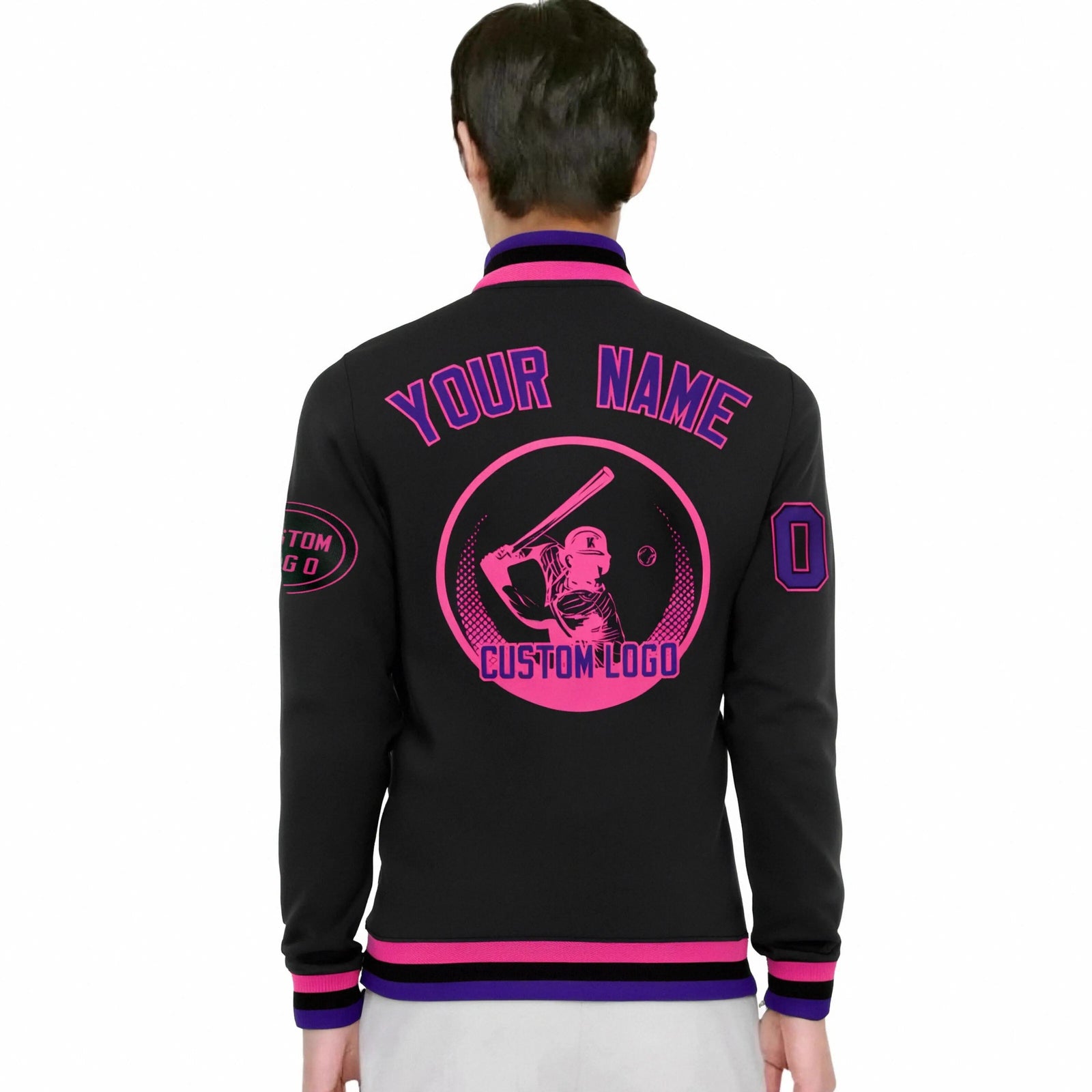 Custom Black Purple-Pink Bomber Full-Snap Varsity Letterman Jacket