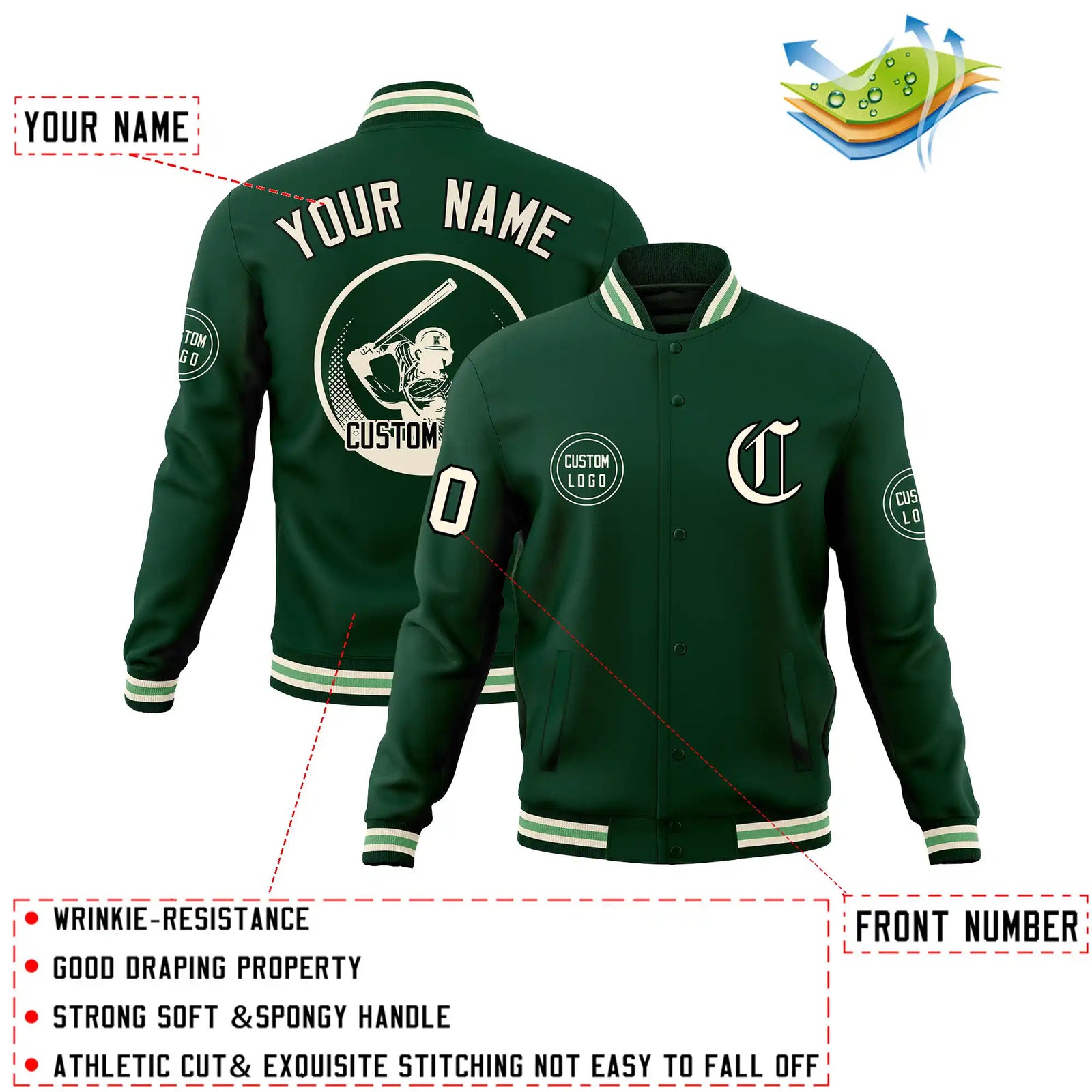 Custom Green Green-White Bomber Full-Snap Varsity Letterman Jacket
