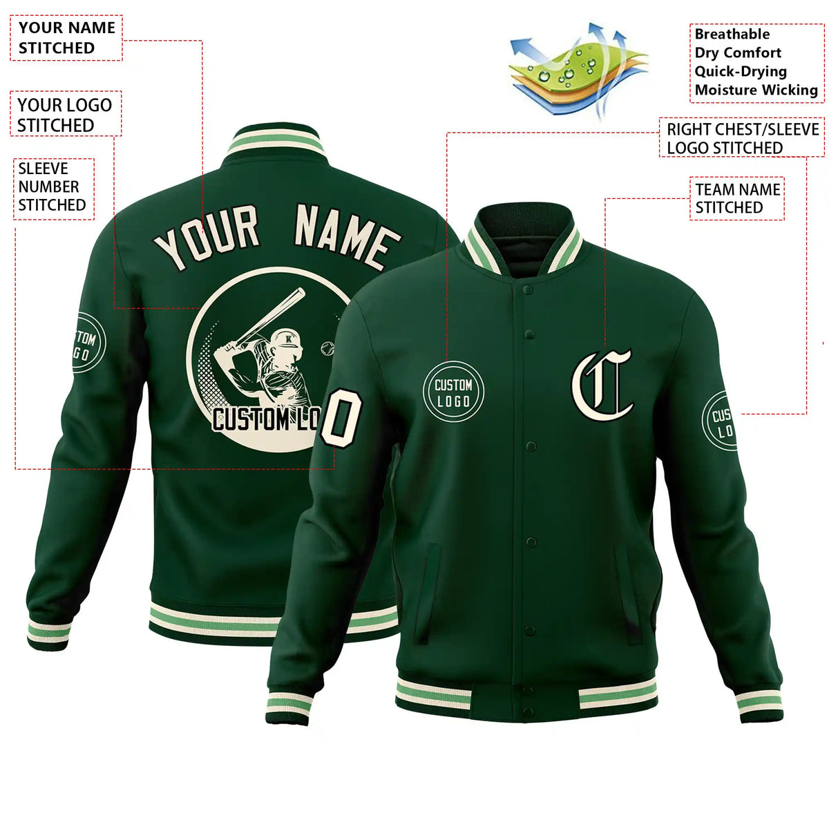 Custom Green Green-White Bomber Full-Snap Varsity Letterman Jacket