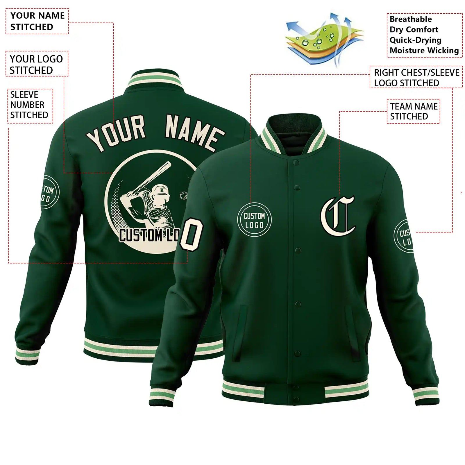 Custom Green Green-White Bomber Full-Snap Varsity Letterman Jacket
