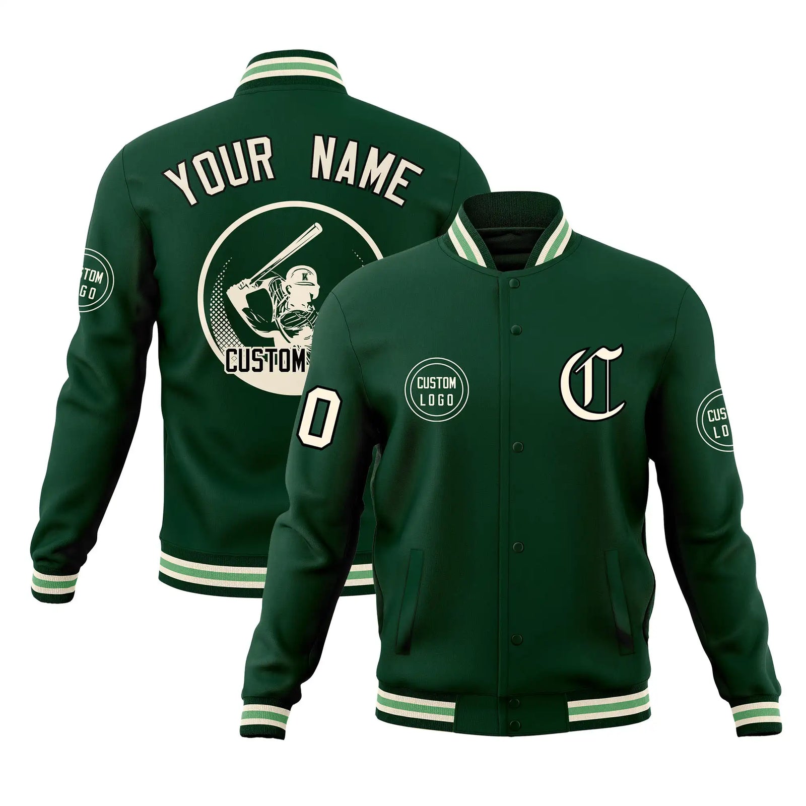 Custom Green Green-White Bomber Full-Snap Varsity Letterman Jacket