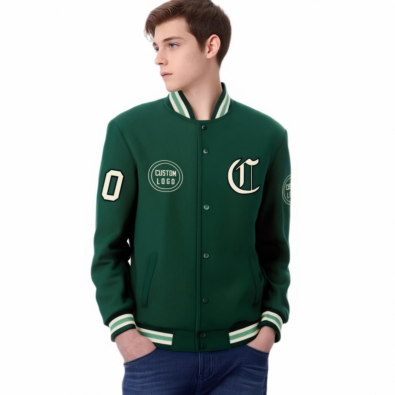 Custom Green Green-White Bomber Full-Snap Varsity Letterman Jacket