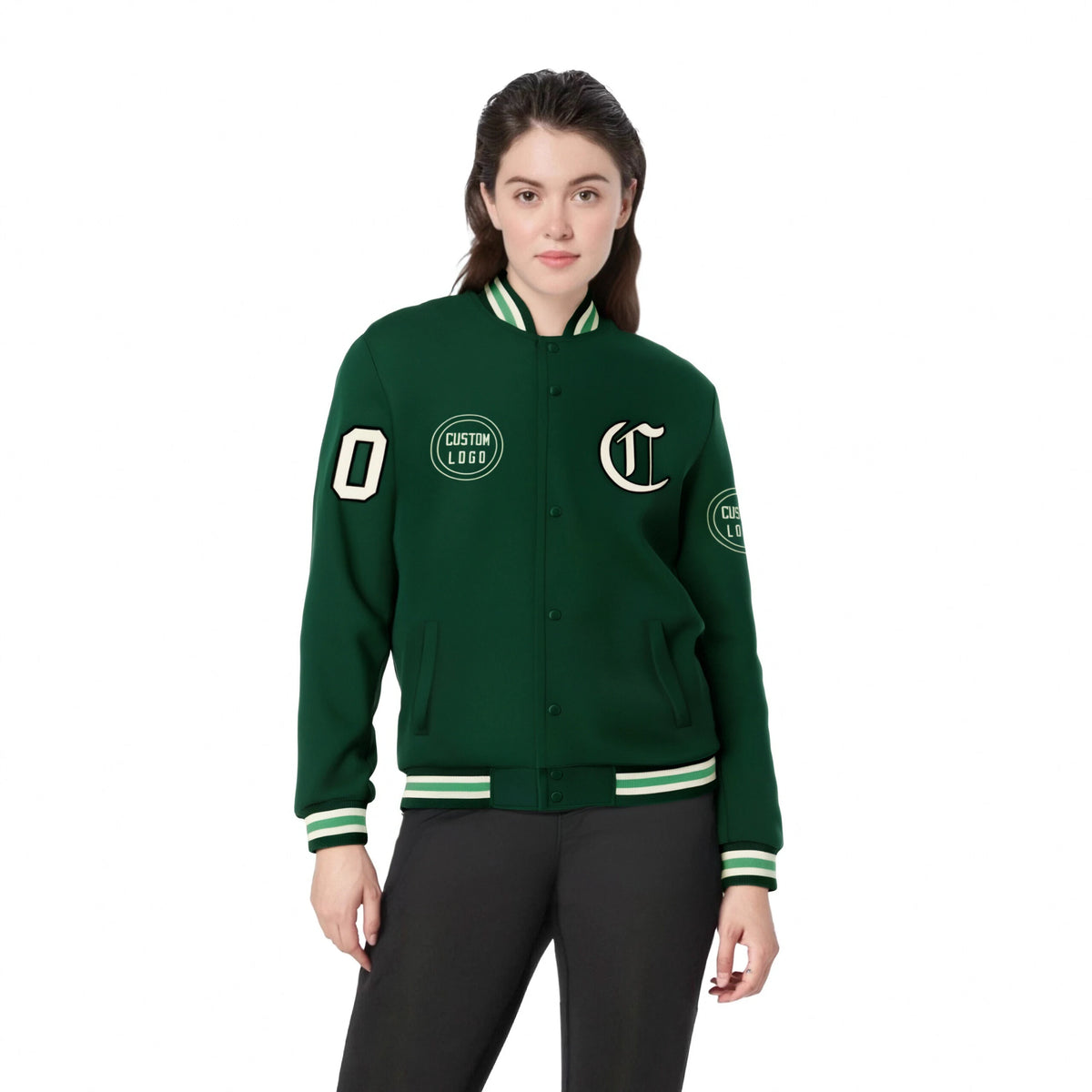 Custom Green Green-White Bomber Full-Snap Varsity Letterman Jacket