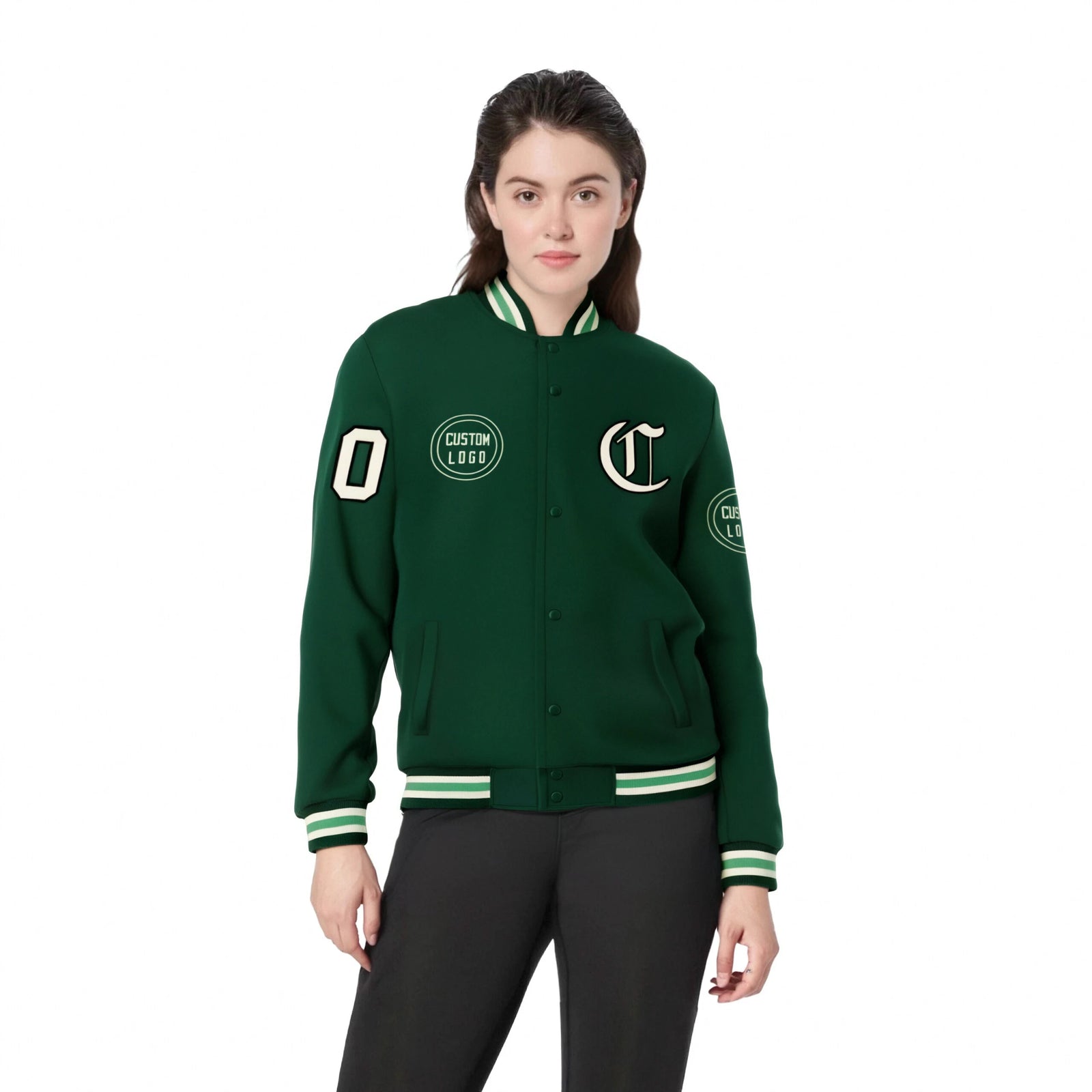 Custom Green Green-White Bomber Full-Snap Varsity Letterman Jacket
