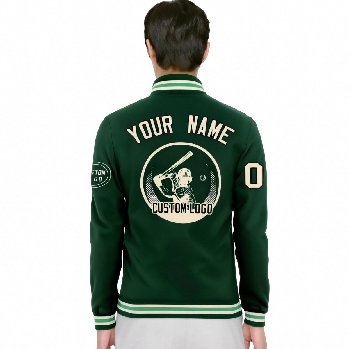 Custom Green Green-White Bomber Full-Snap Varsity Letterman Jacket