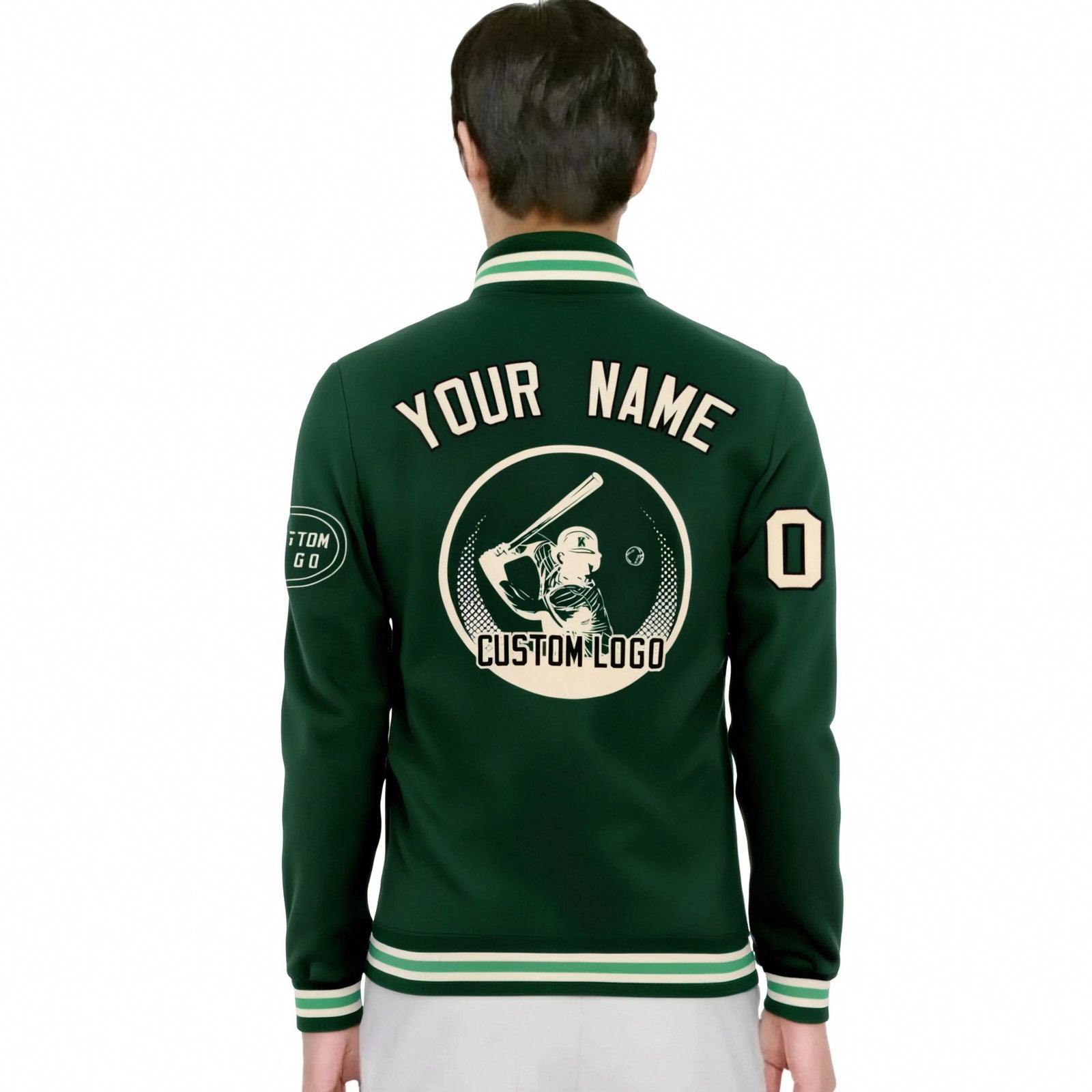 Custom Green Green-White Bomber Full-Snap Varsity Letterman Jacket
