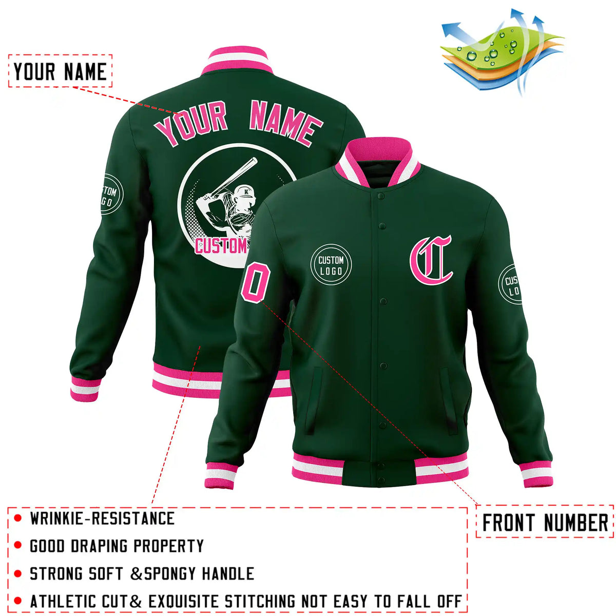 Custom Green Pink-White Bomber Full-Snap Varsity Letterman Jacket