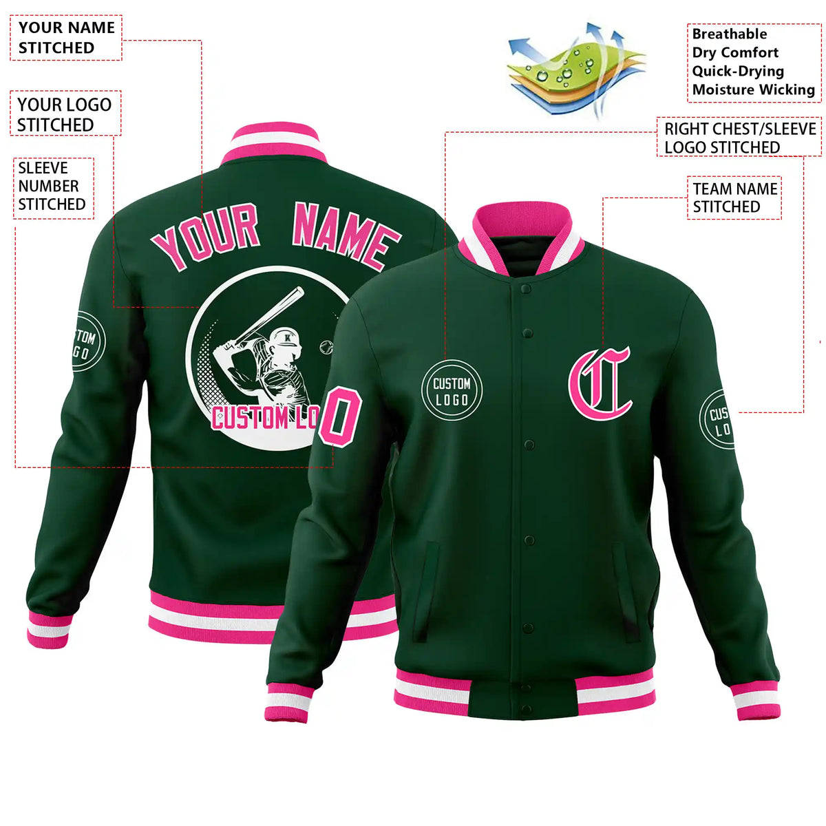 Custom Green Pink-White Bomber Full-Snap Varsity Letterman Jacket