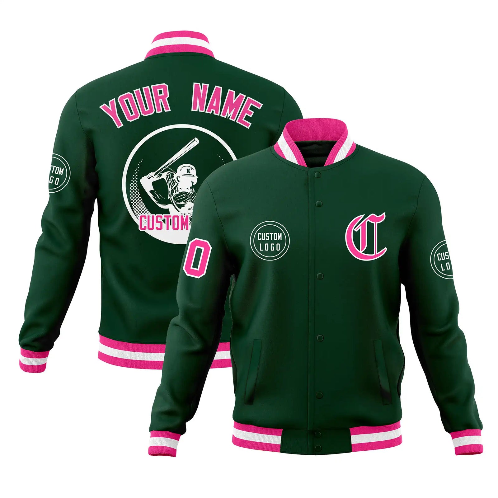 Custom Green Pink-White Bomber Full-Snap Varsity Letterman Jacket