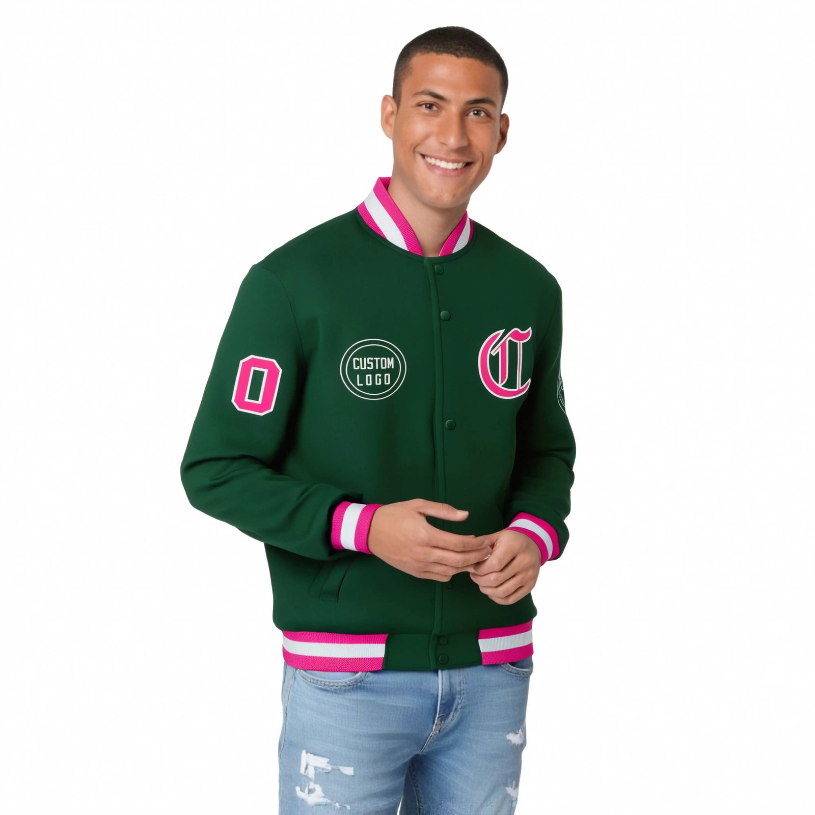 Custom Green Pink-White Bomber Full-Snap Varsity Letterman Jacket