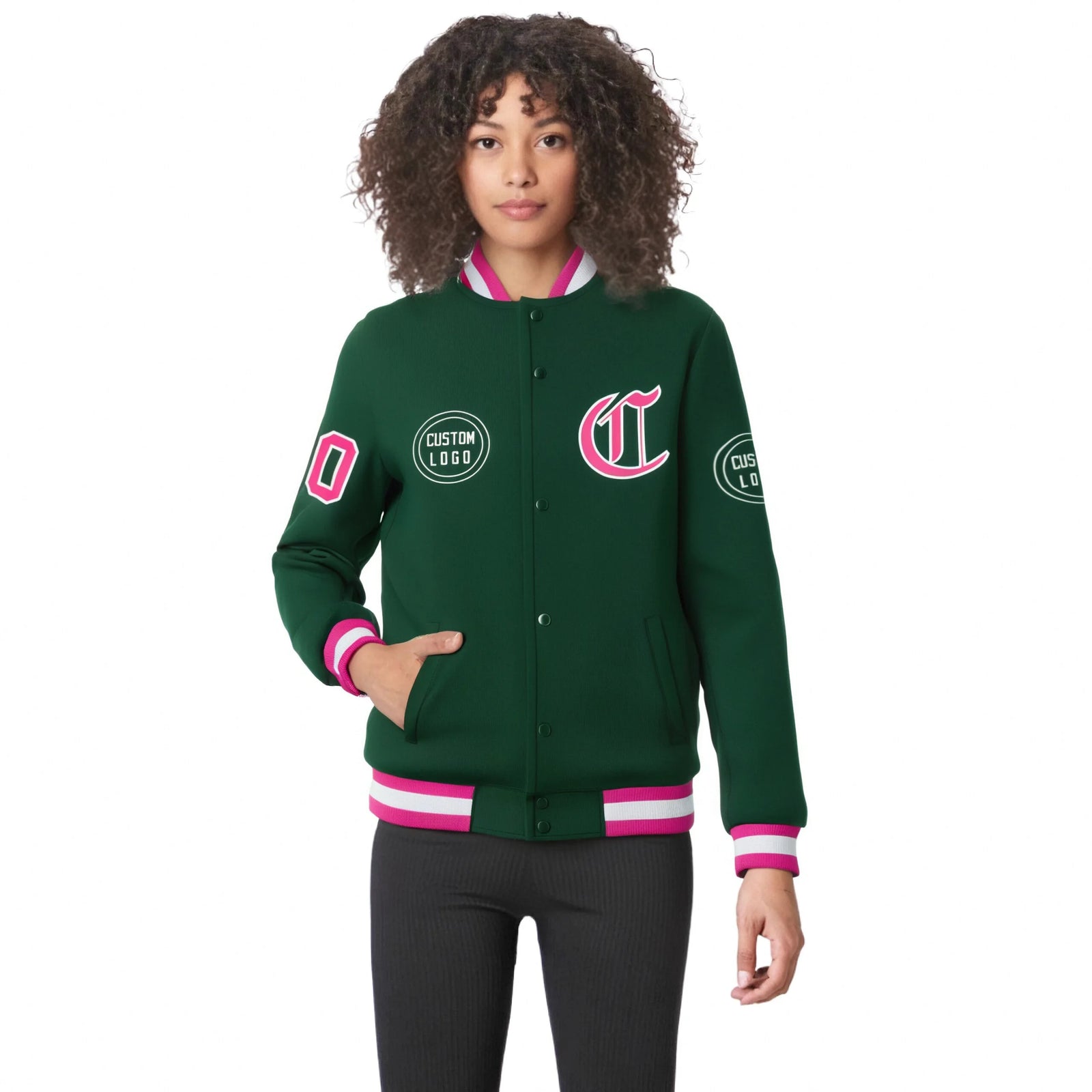 Custom Green Pink-White Bomber Full-Snap Varsity Letterman Jacket