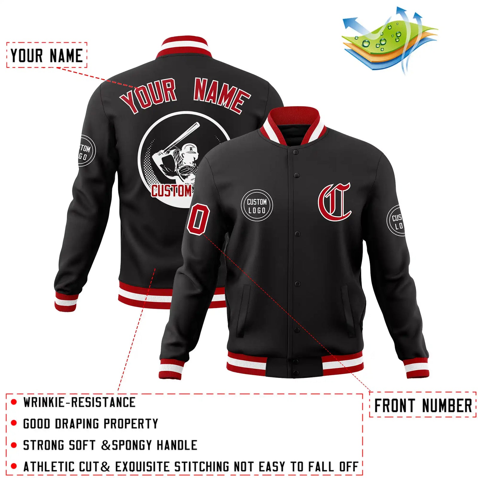 Custom Black Red-White Bomber Full-Snap Varsity Letterman Jacket