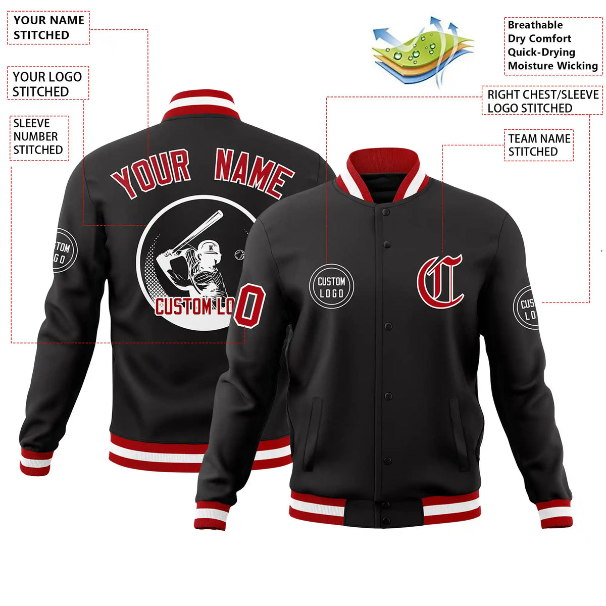 Custom Black Red-White Bomber Full-Snap Varsity Letterman Jacket