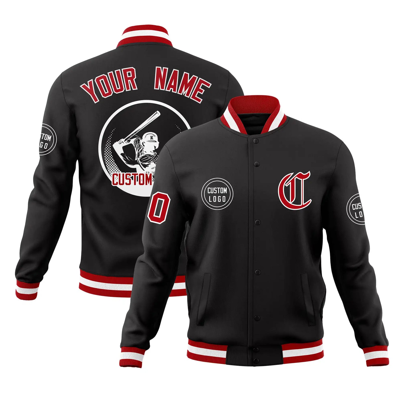 Custom Black Red-White Bomber Full-Snap Varsity Letterman Jacket