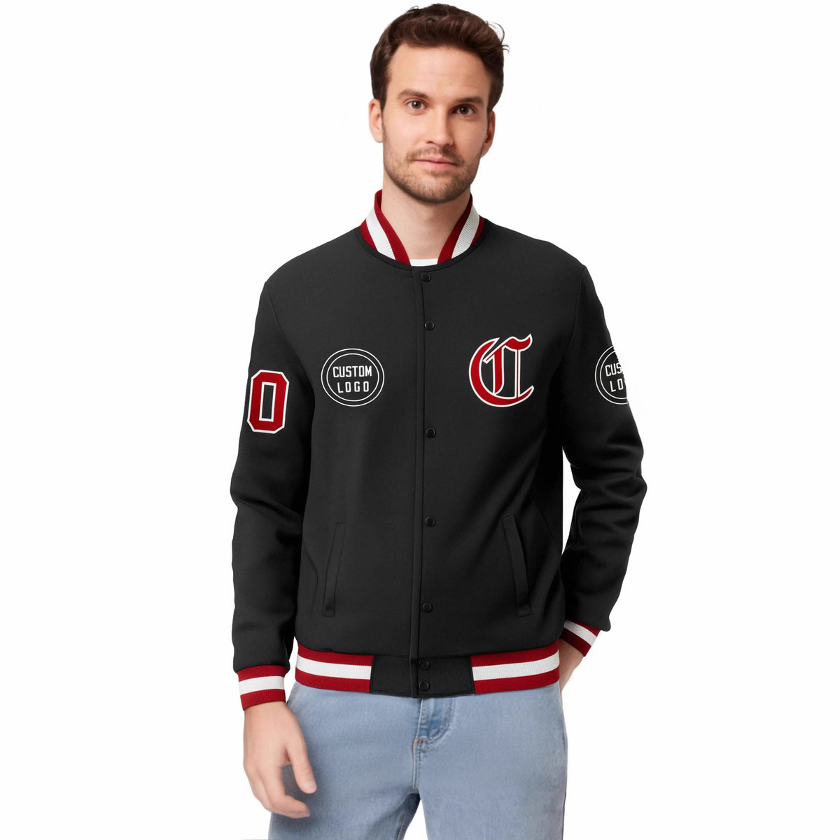 Custom Black Red-White Bomber Full-Snap Varsity Letterman Jacket