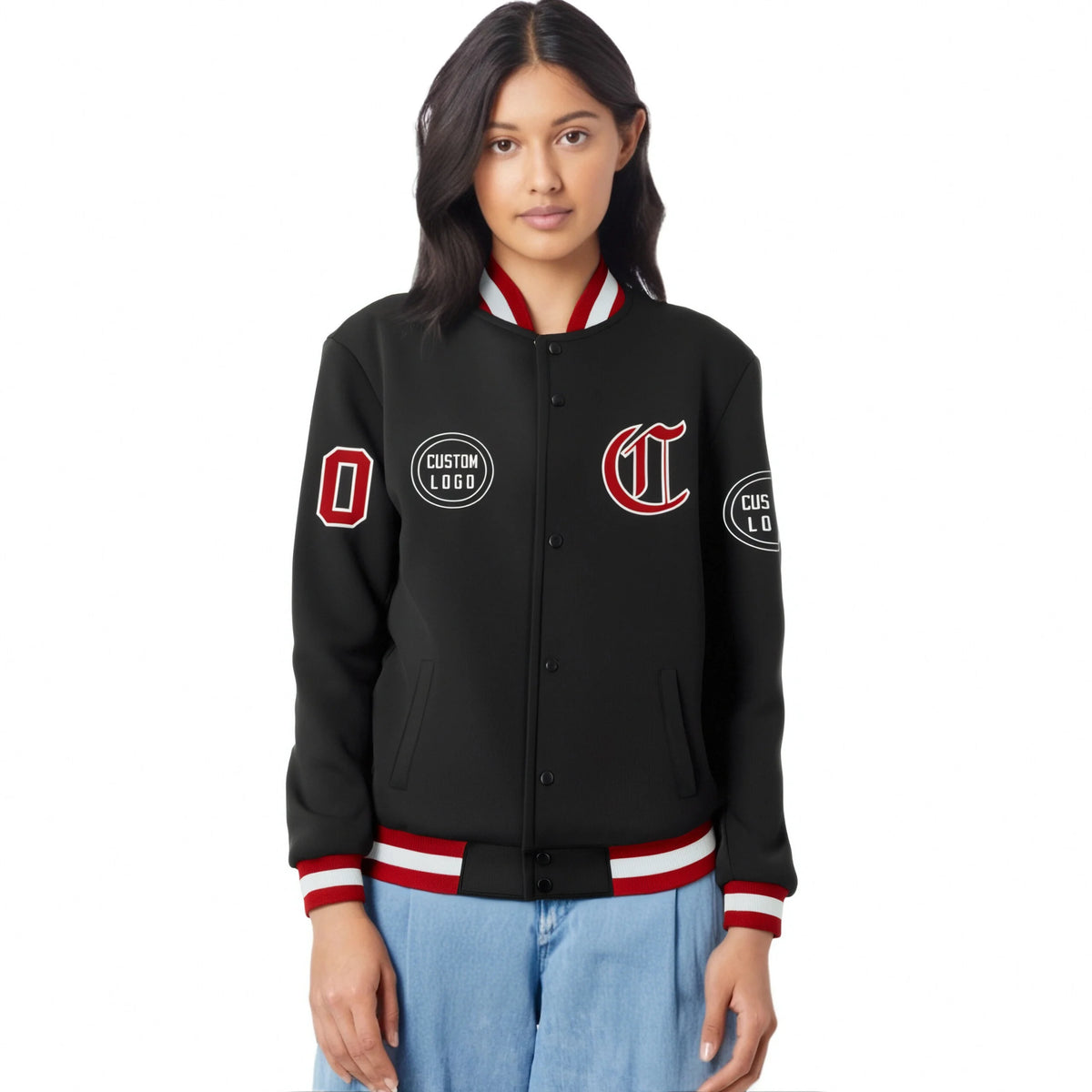 Custom Black Red-White Bomber Full-Snap Varsity Letterman Jacket