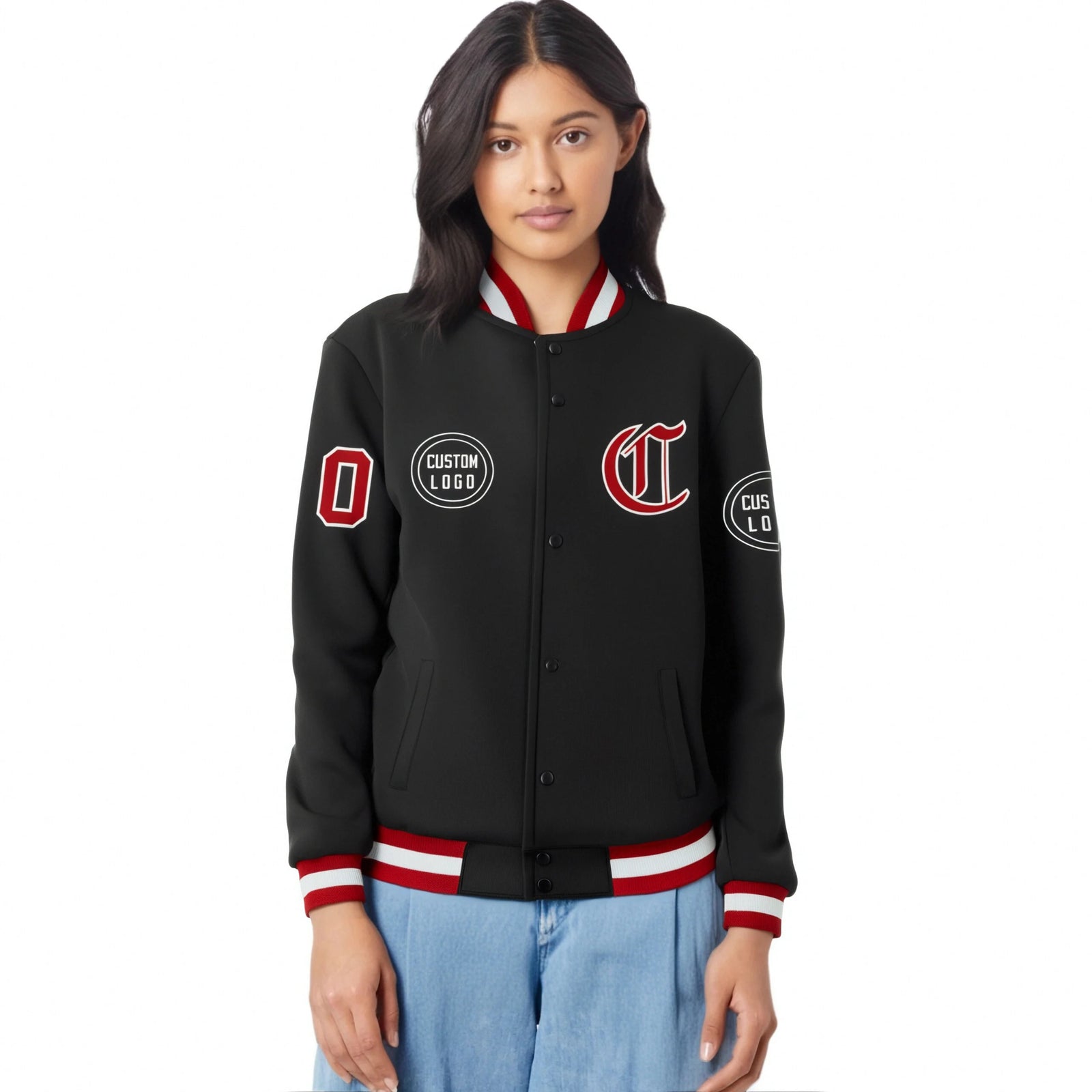 Custom Black Red-White Bomber Full-Snap Varsity Letterman Jacket