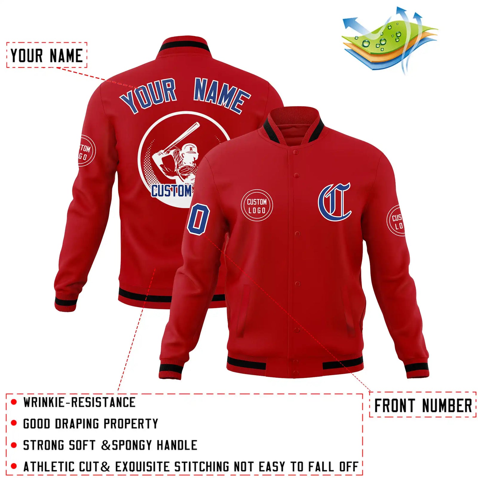 Custom Red Red-Black Bomber Full-Snap Varsity Letterman Jacket