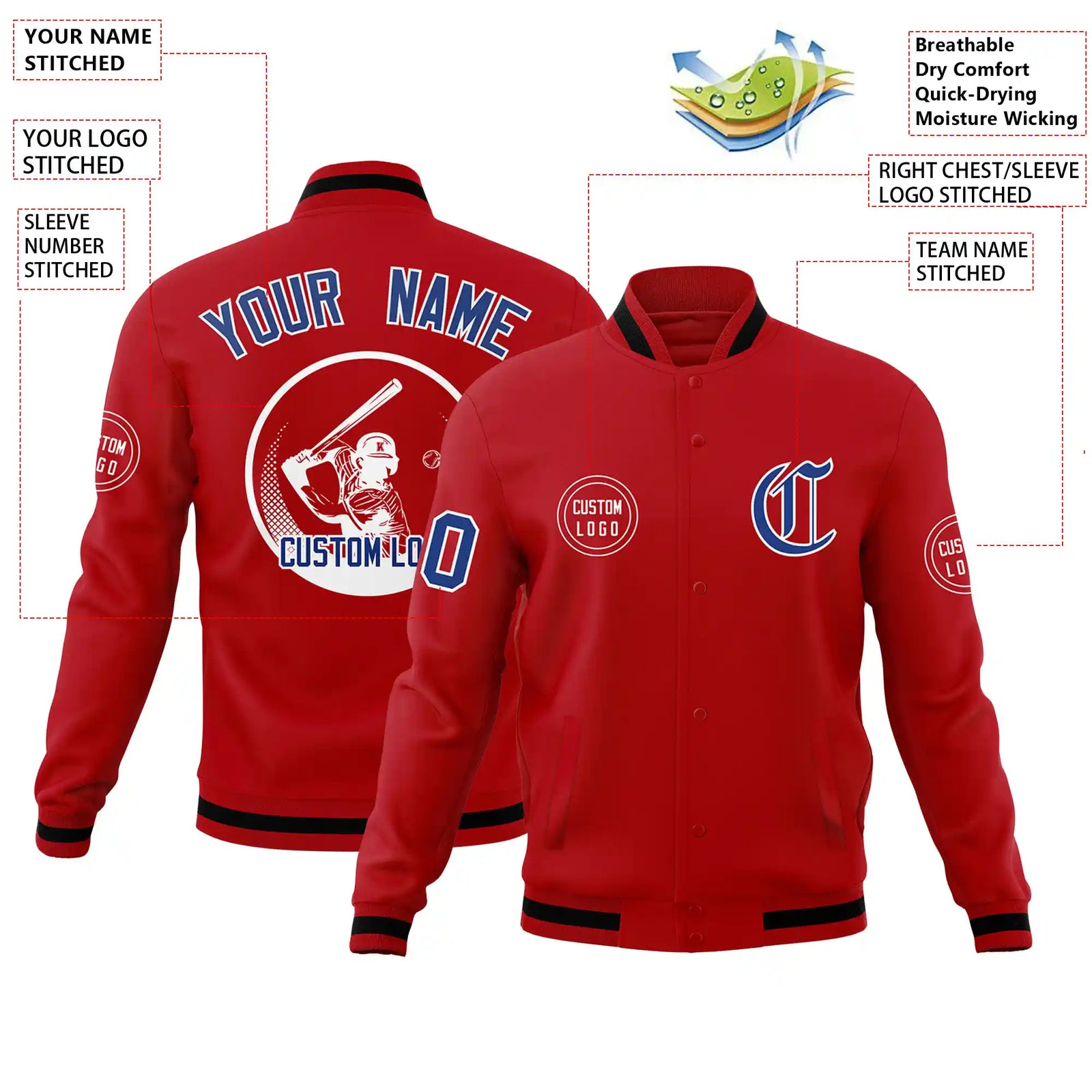 Custom Red Red-Black Bomber Full-Snap Varsity Letterman Jacket