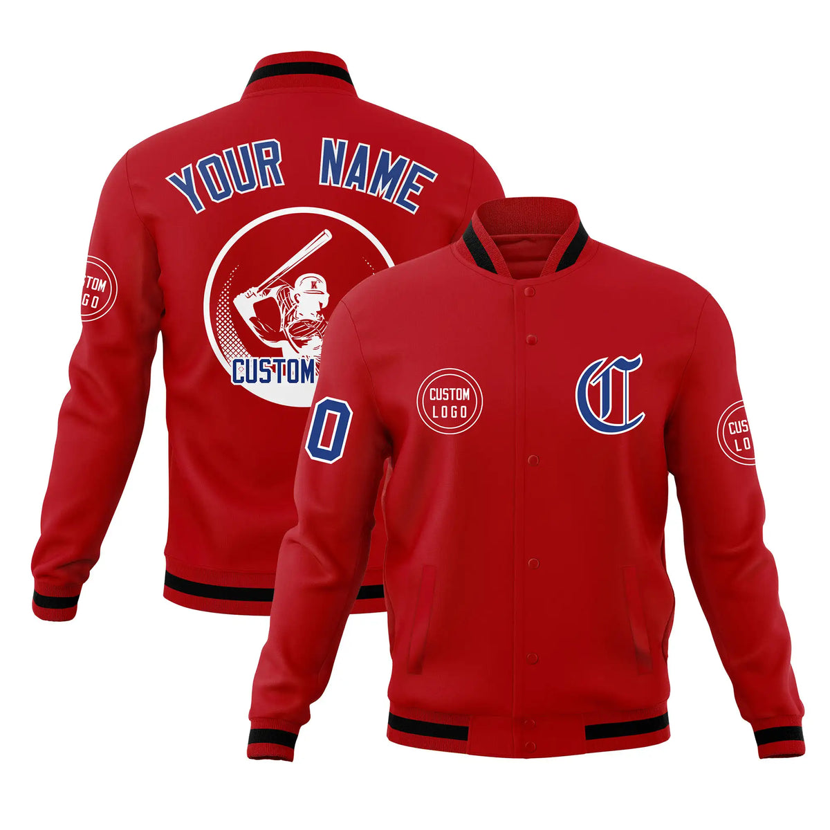 Custom Red Red-Black Bomber Full-Snap Varsity Letterman Jacket
