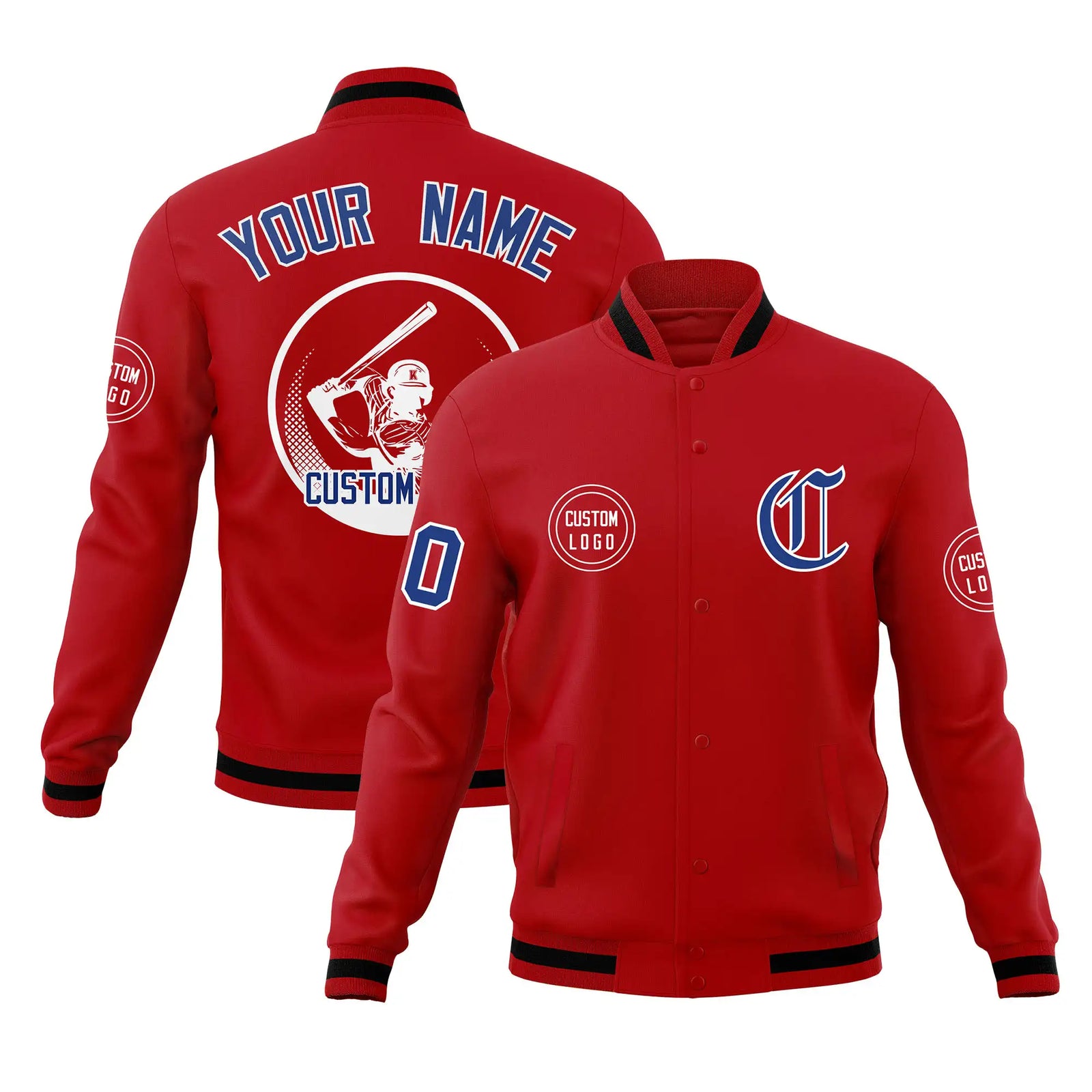 Custom Red Red-Black Bomber Full-Snap Varsity Letterman Jacket