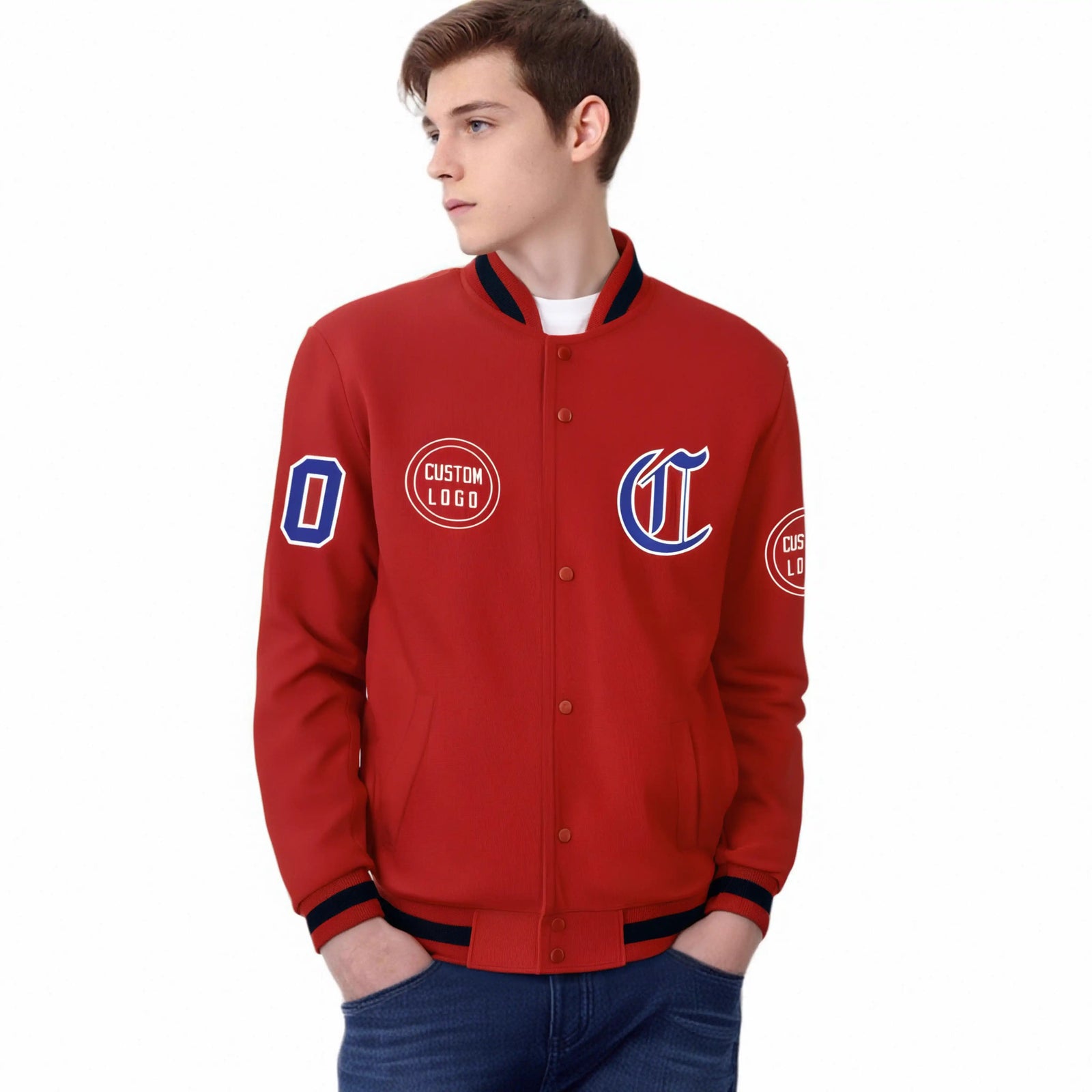 Custom Red Red-Black Bomber Full-Snap Varsity Letterman Jacket
