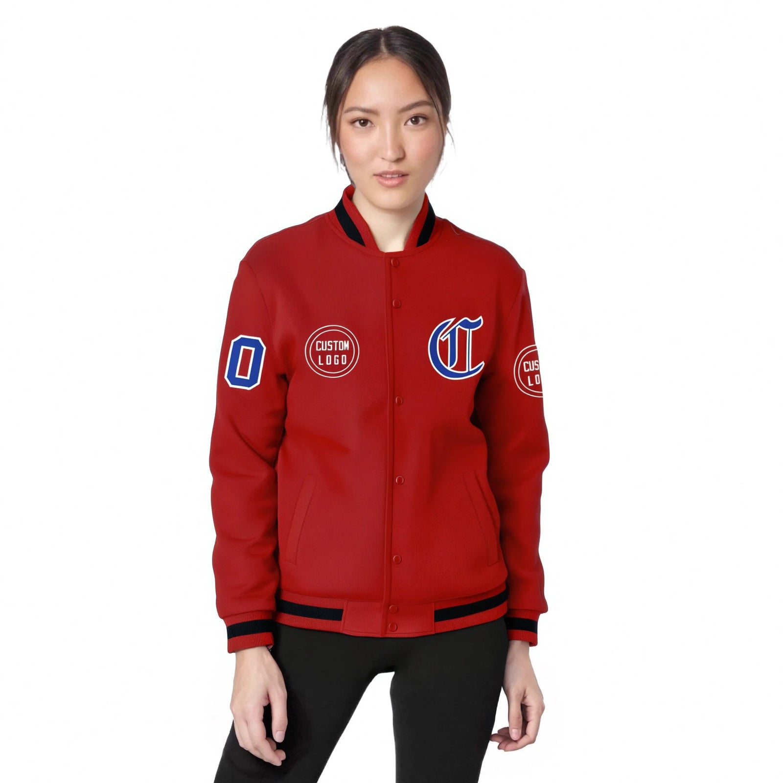 Custom Red Red-Black Bomber Full-Snap Varsity Letterman Jacket