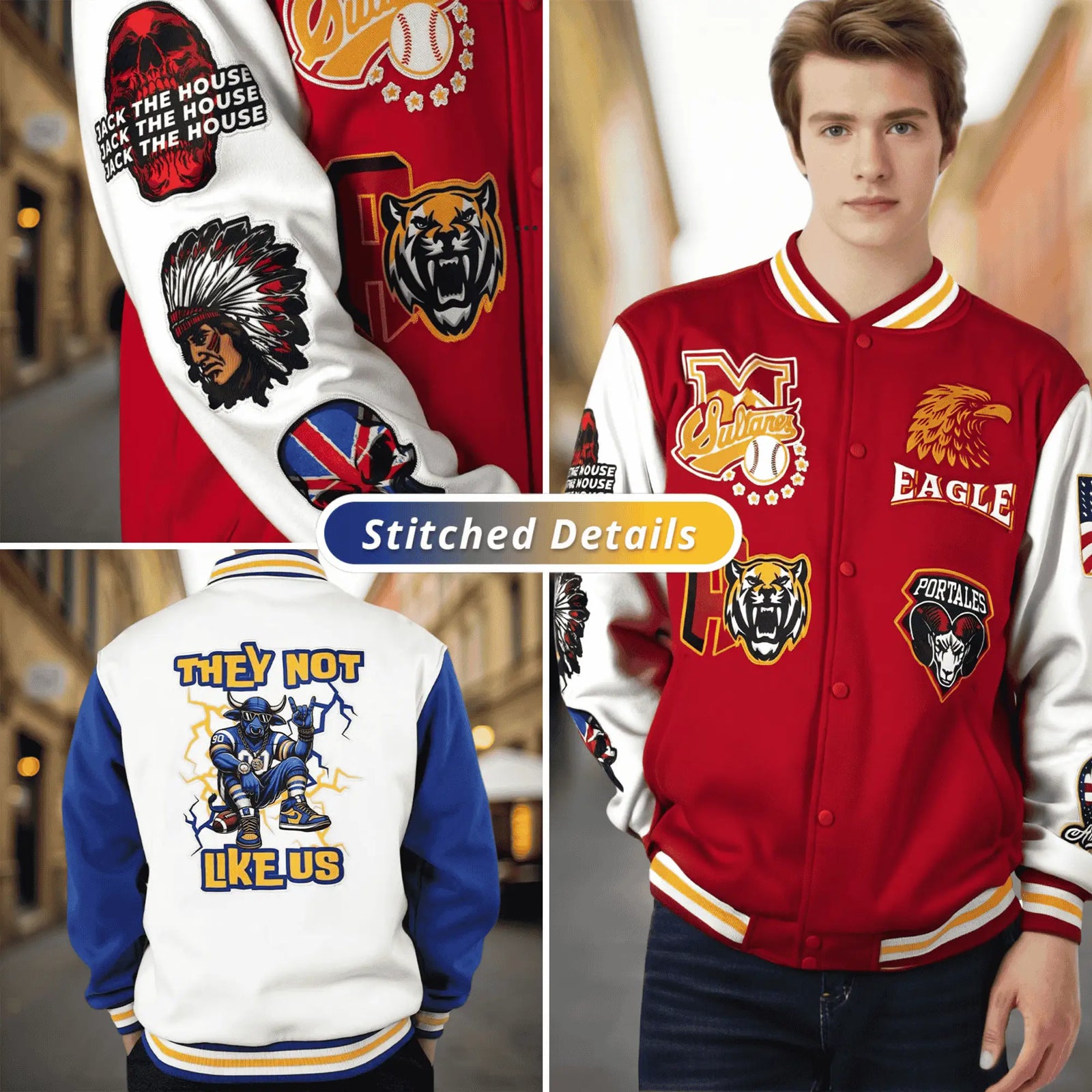 Custom Red Red-White Bomber Full-Snap Varsity Letterman Jacket