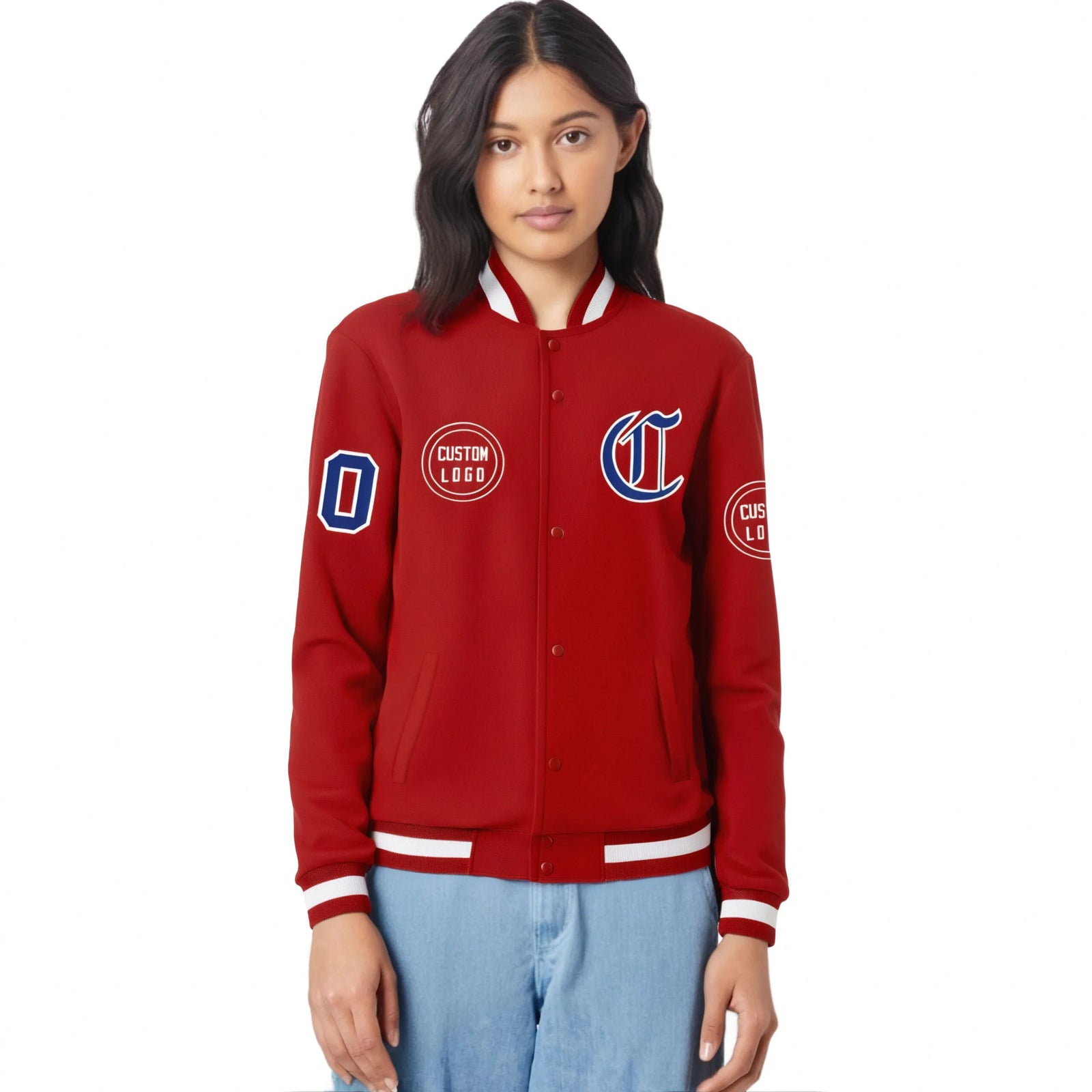 Custom Red Red-White Bomber Full-Snap Varsity Letterman Jacket