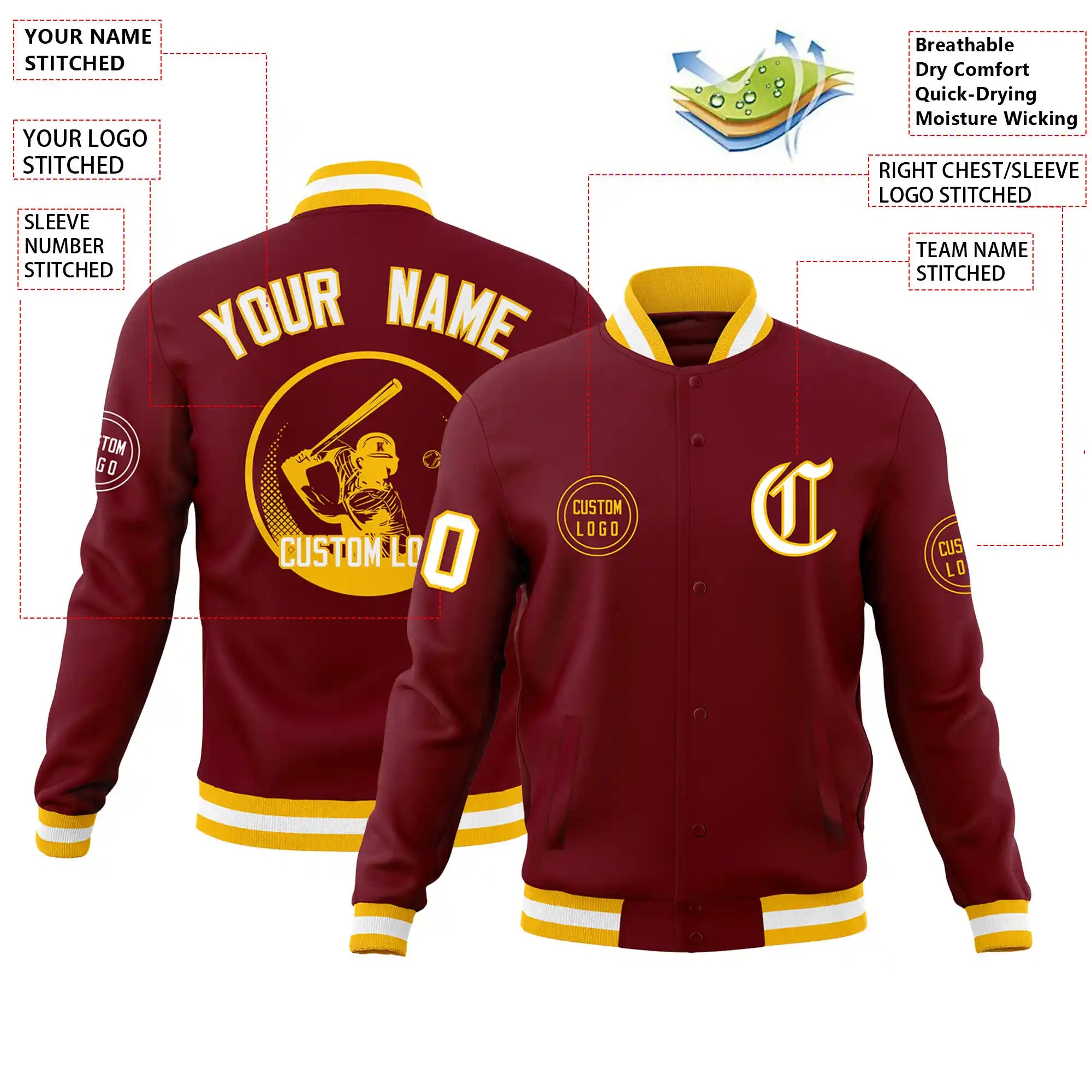 Custom Crimson Gold-1 White Bomber Full-Snap Varsity Letterman Jacket