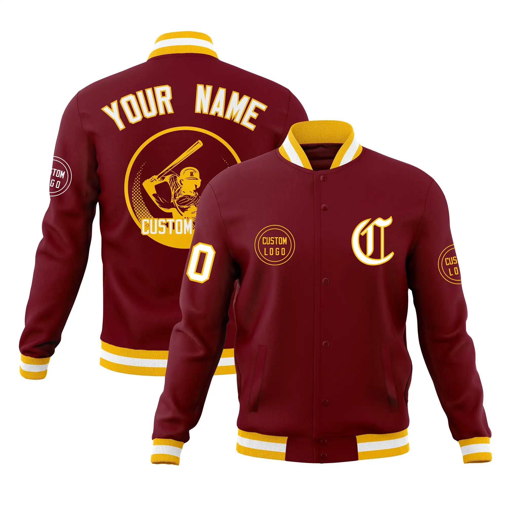 Custom Crimson Gold-1 White Bomber Full-Snap Varsity Letterman Jacket