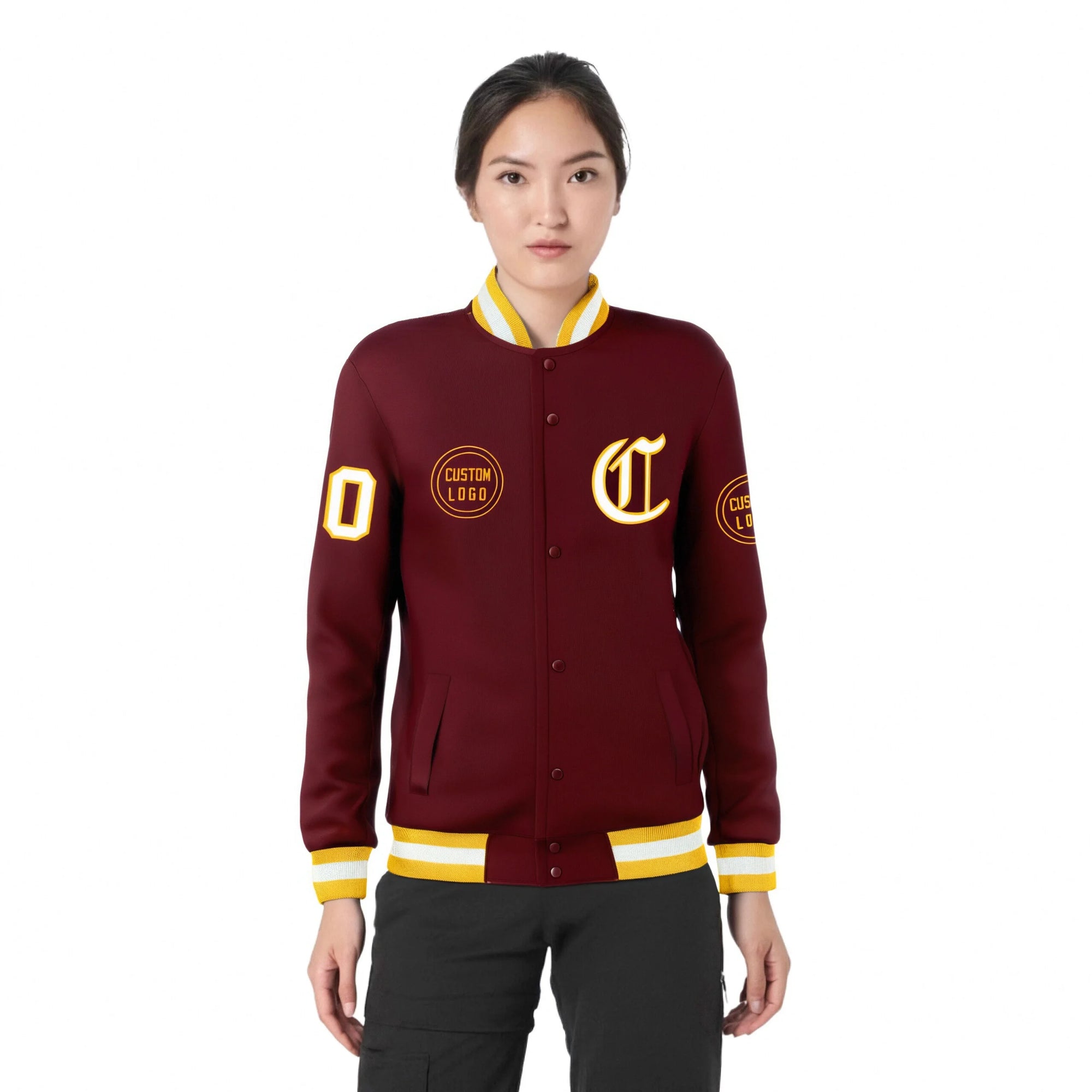 Custom Crimson Gold-1 White Bomber Full-Snap Varsity Letterman Jacket