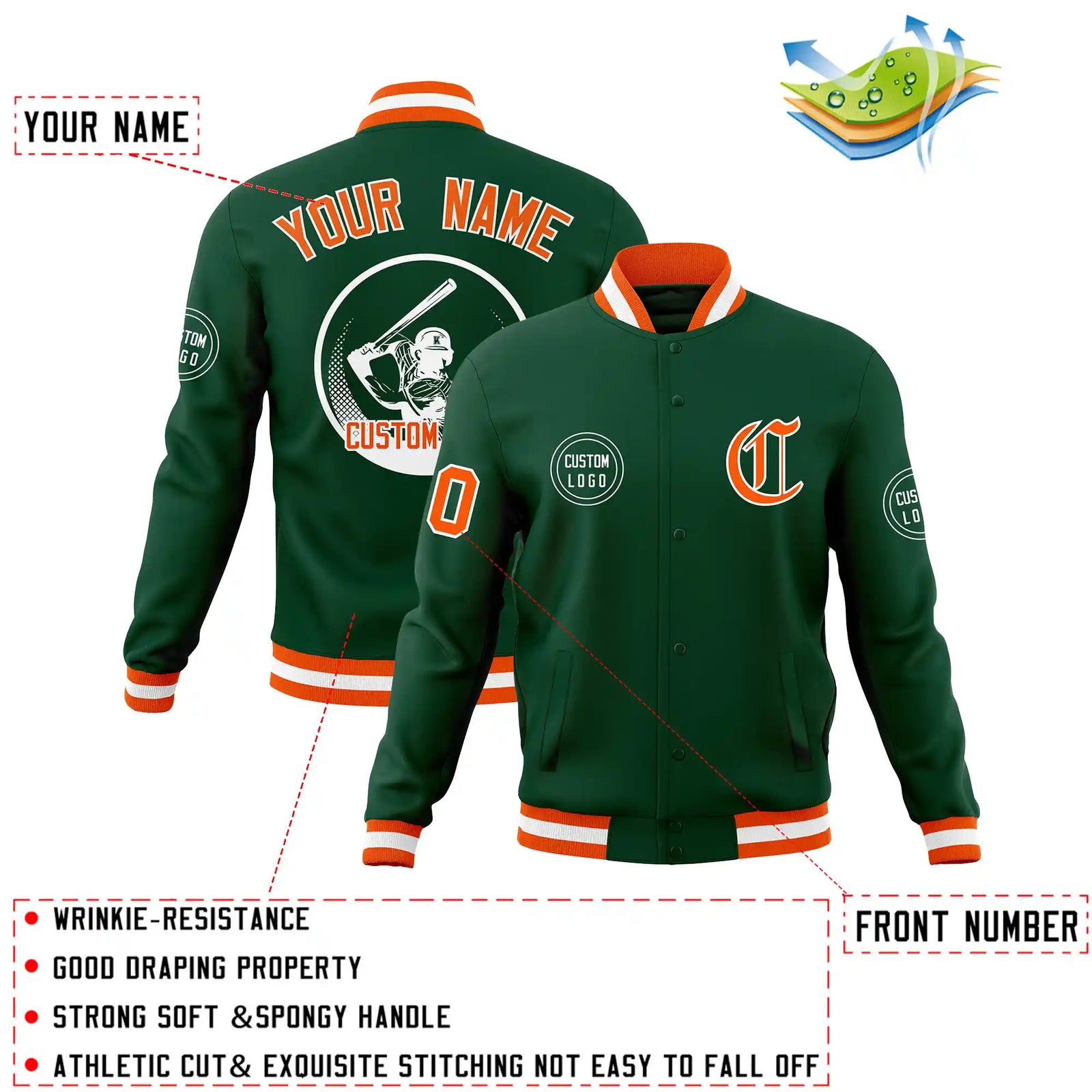 Custom Green Orange-White Bomber Full-Snap Varsity Letterman Jacket