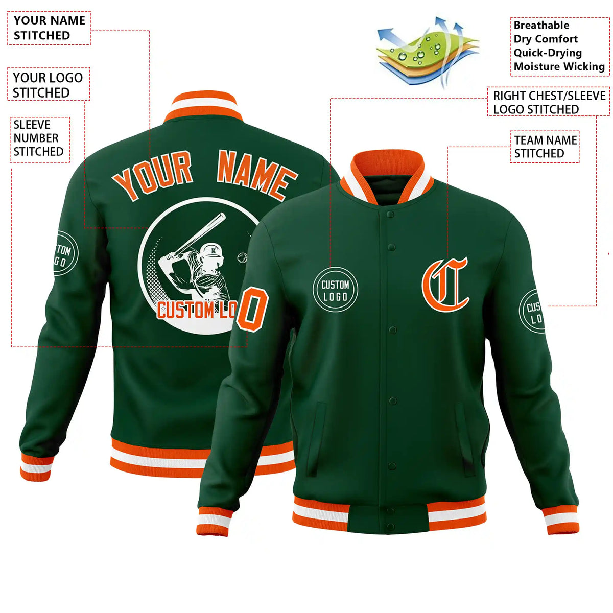 Custom Green Orange-White Bomber Full-Snap Varsity Letterman Jacket
