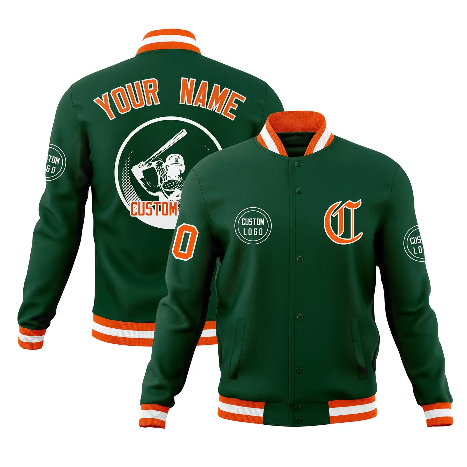 Custom Green Orange-White Bomber Full-Snap Varsity Letterman Jacket