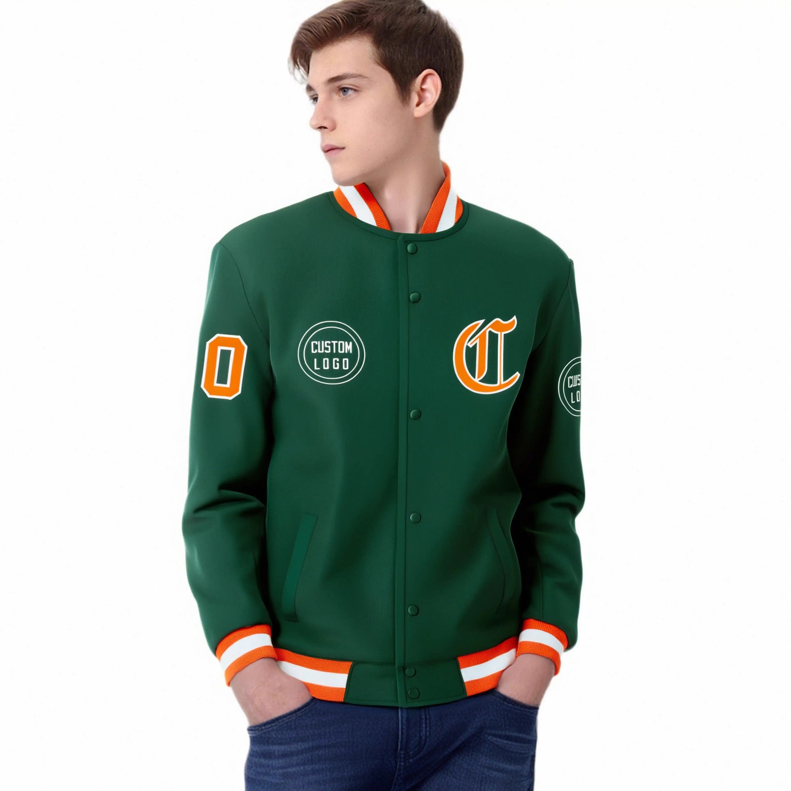 Custom Green Orange-White Bomber Full-Snap Varsity Letterman Jacket