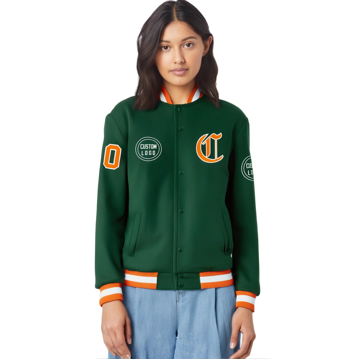 Custom Green Orange-White Bomber Full-Snap Varsity Letterman Jacket